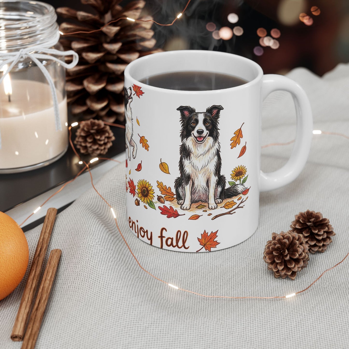 Border Collie Autumn Mug — "Keep Calm and Enjoy Fall" Ceramic Coffee Cup (11oz/15oz)