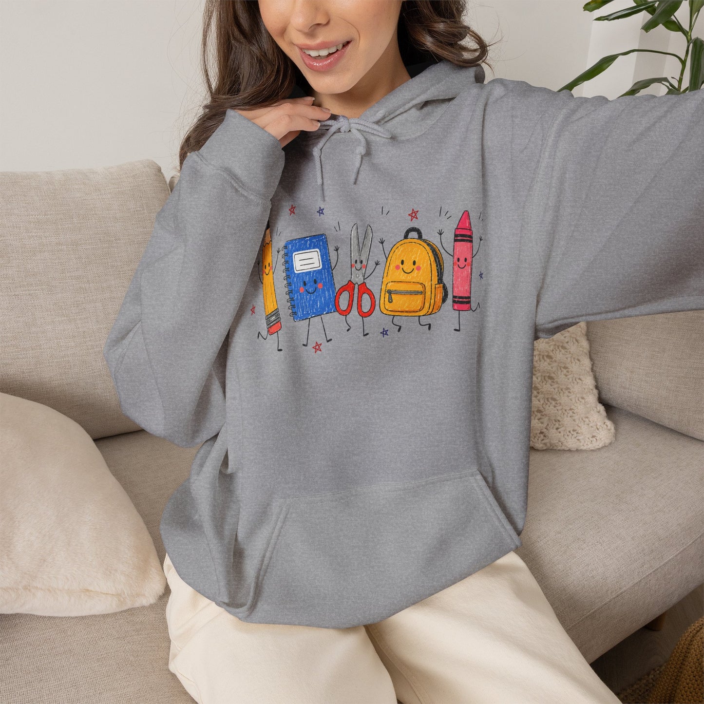 Back-to-School Hoodie – Cute School Supplies Graphic (Pencil, Notebook, Backpack)