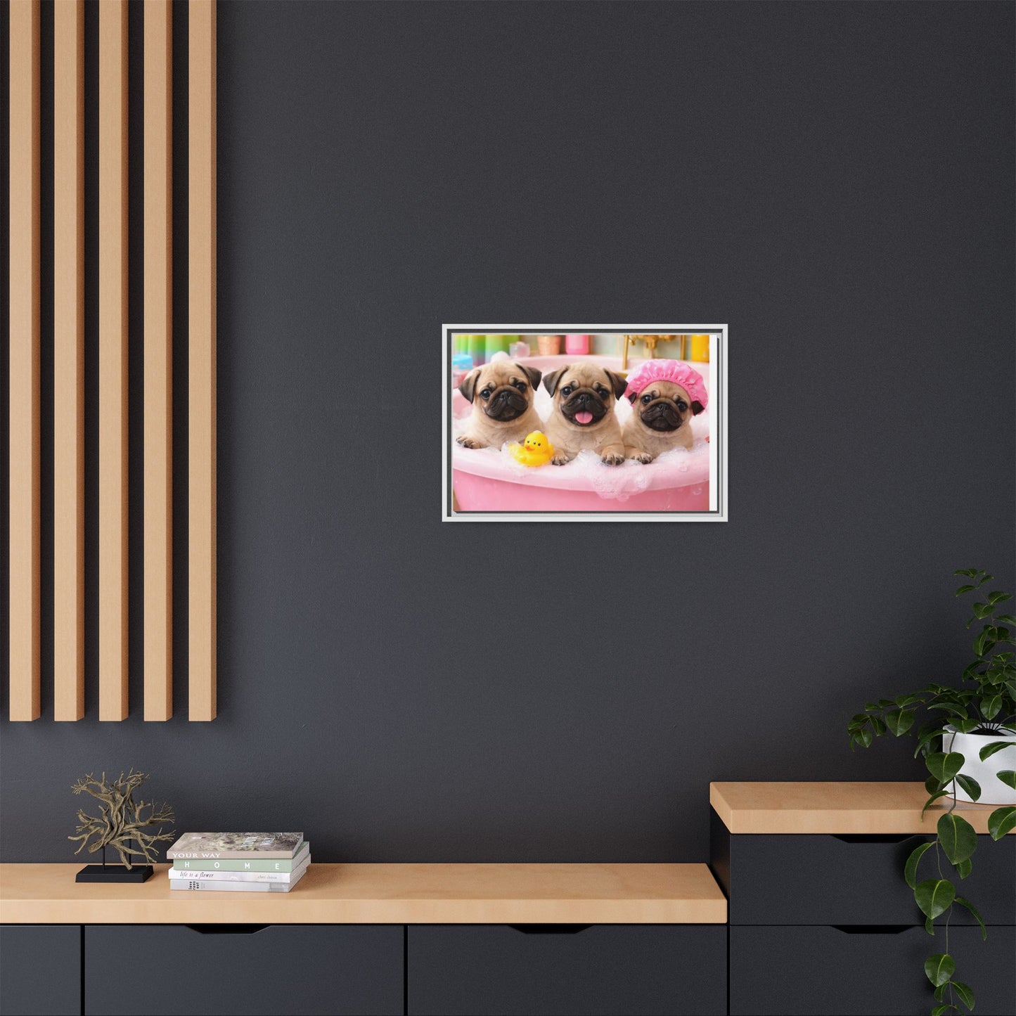 Pug Puppies Bubble Bath Matte Canvas Framed Wall Art