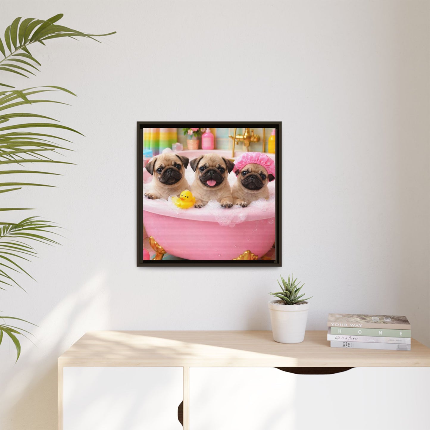 Pug Puppies Bubble Bath Matte Canvas Framed Wall Art
