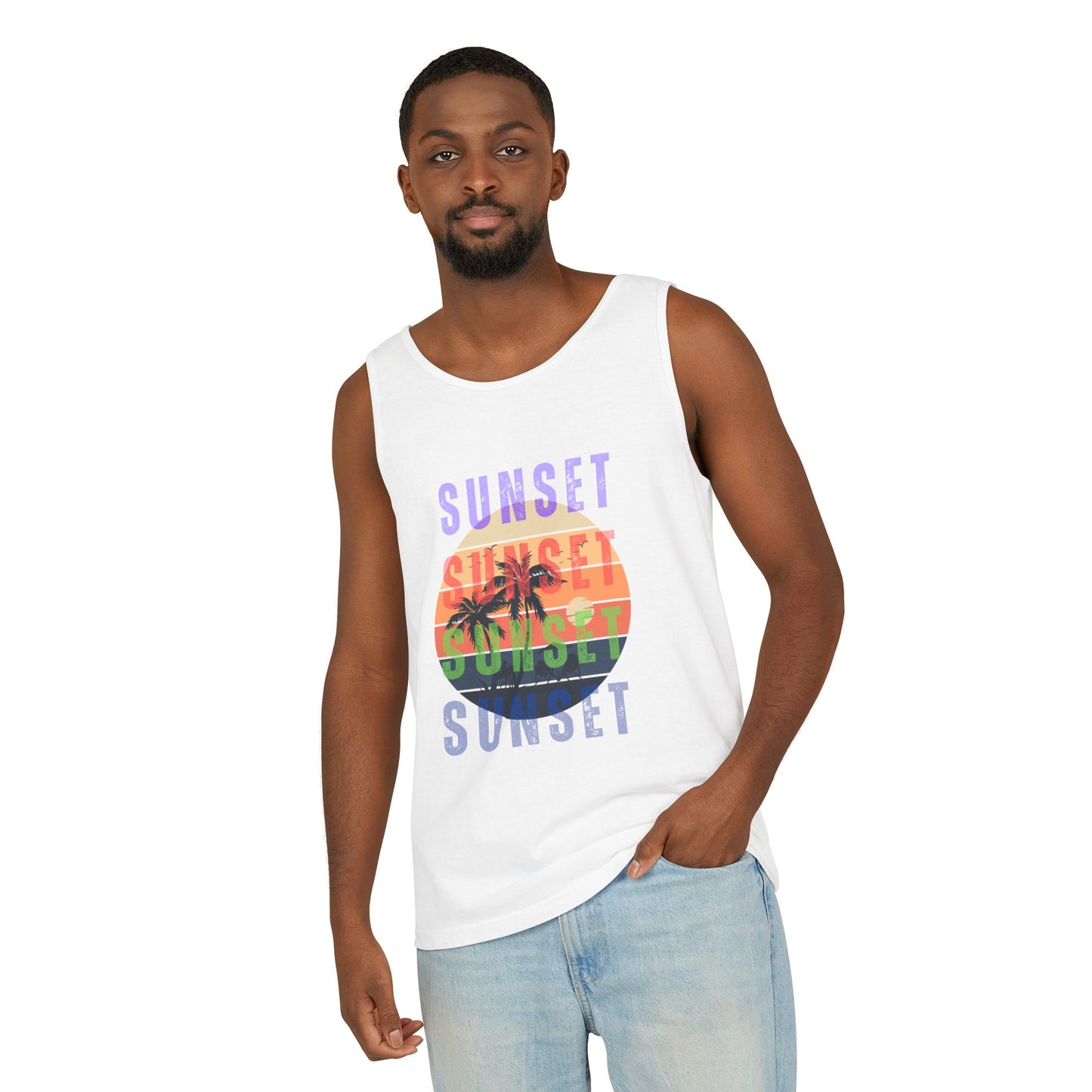Sunset Palms Tank Top — Retro Beach Sunset Graphic Tank