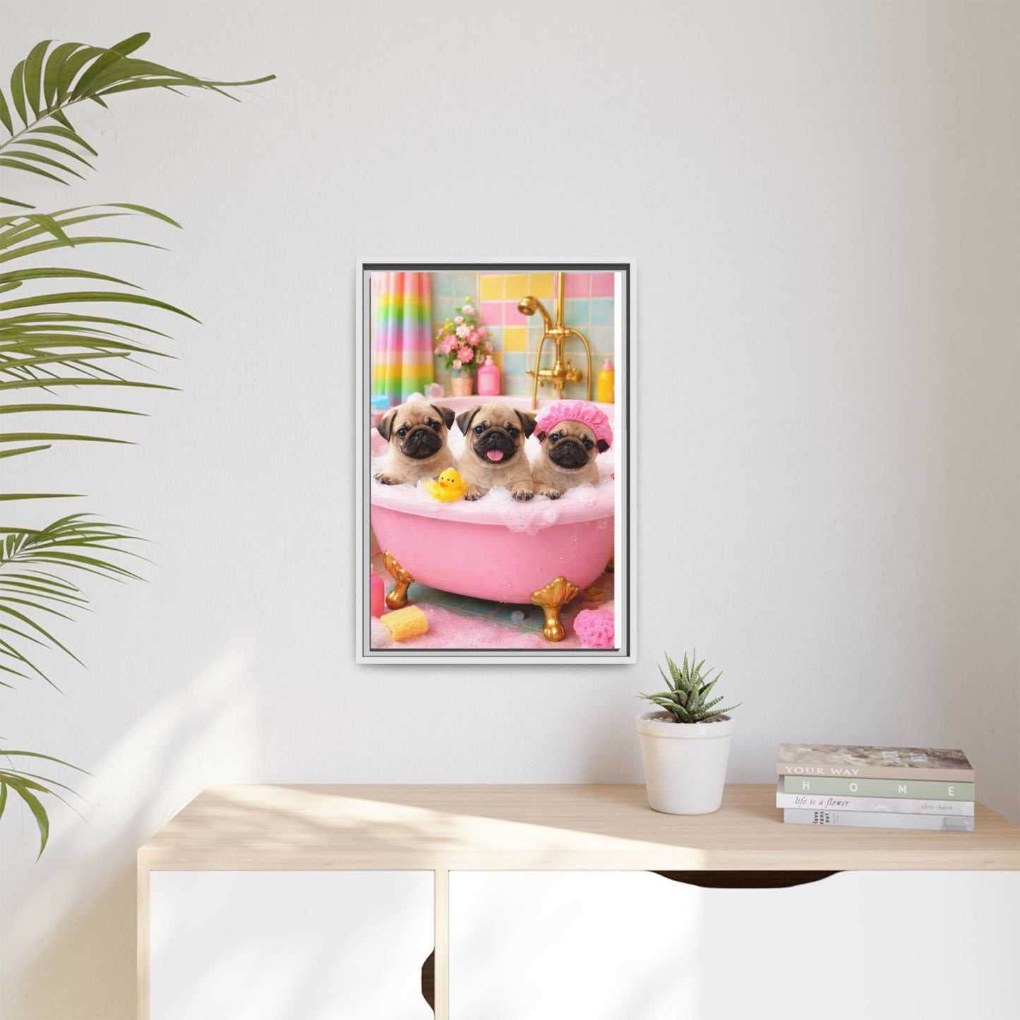 Pug Puppies Bubble Bath Matte Canvas Framed Wall Art