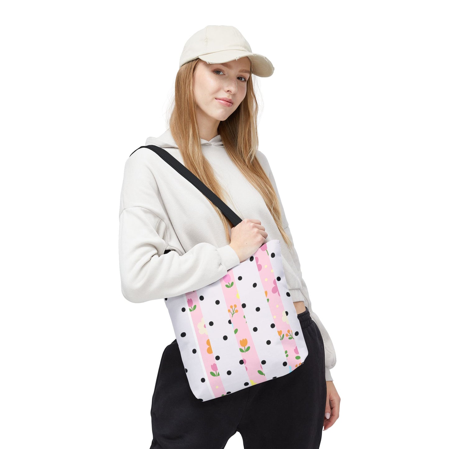 Floral Polka Dot Tote Bag — Pink Striped All-Over Print
