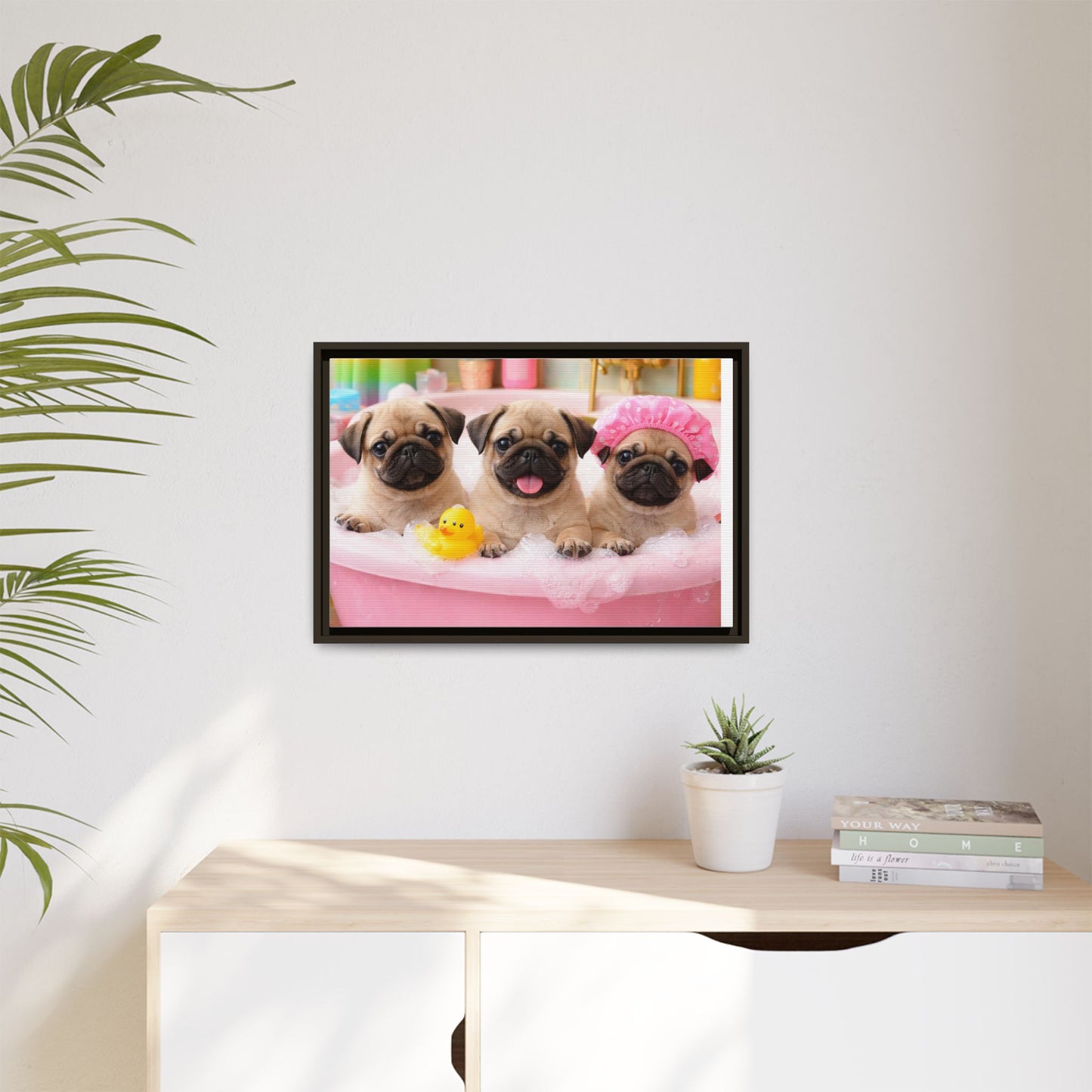 Pug Puppies Bubble Bath Matte Canvas Framed Wall Art