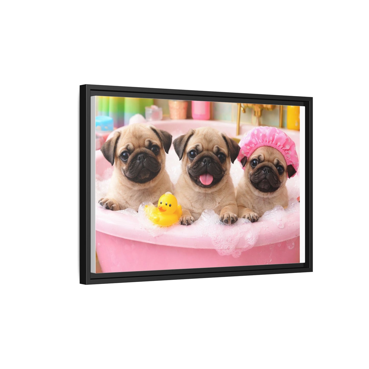 Pug Puppies Bubble Bath Matte Canvas Framed Wall Art
