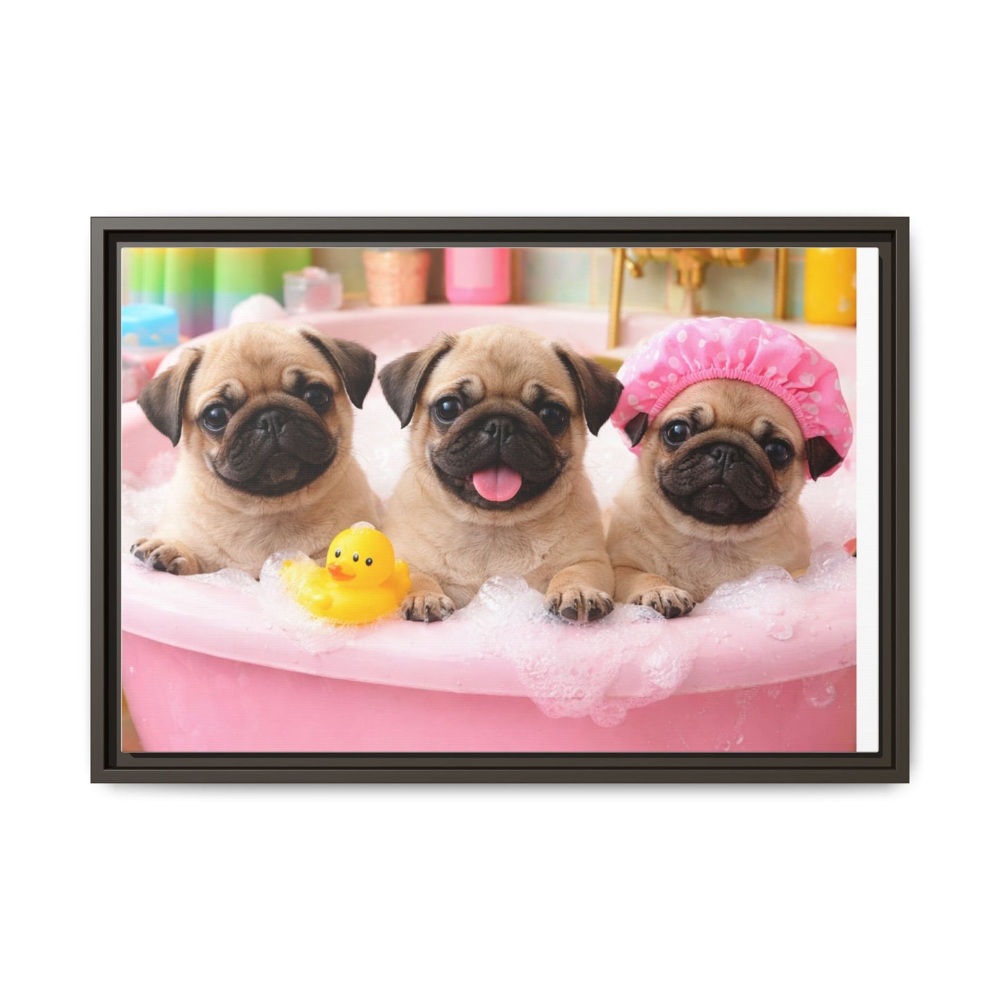 Pug Puppies Bubble Bath Matte Canvas Framed Wall Art