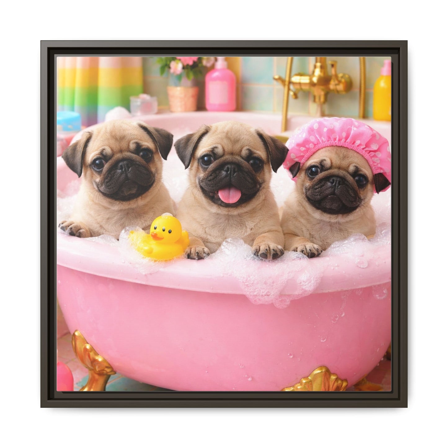 Pug Puppies Bubble Bath Matte Canvas Framed Wall Art