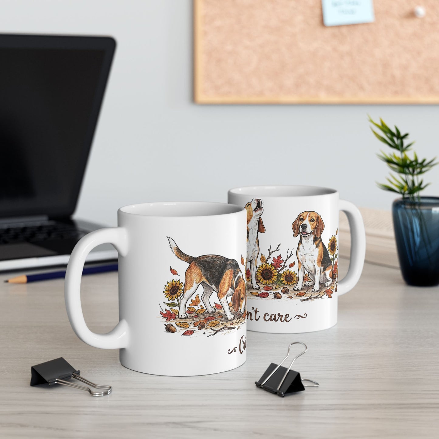 Beagle Fall Mug - "Crisp Air, Don't Care" Autumn Coffee Cup (11oz/15oz)