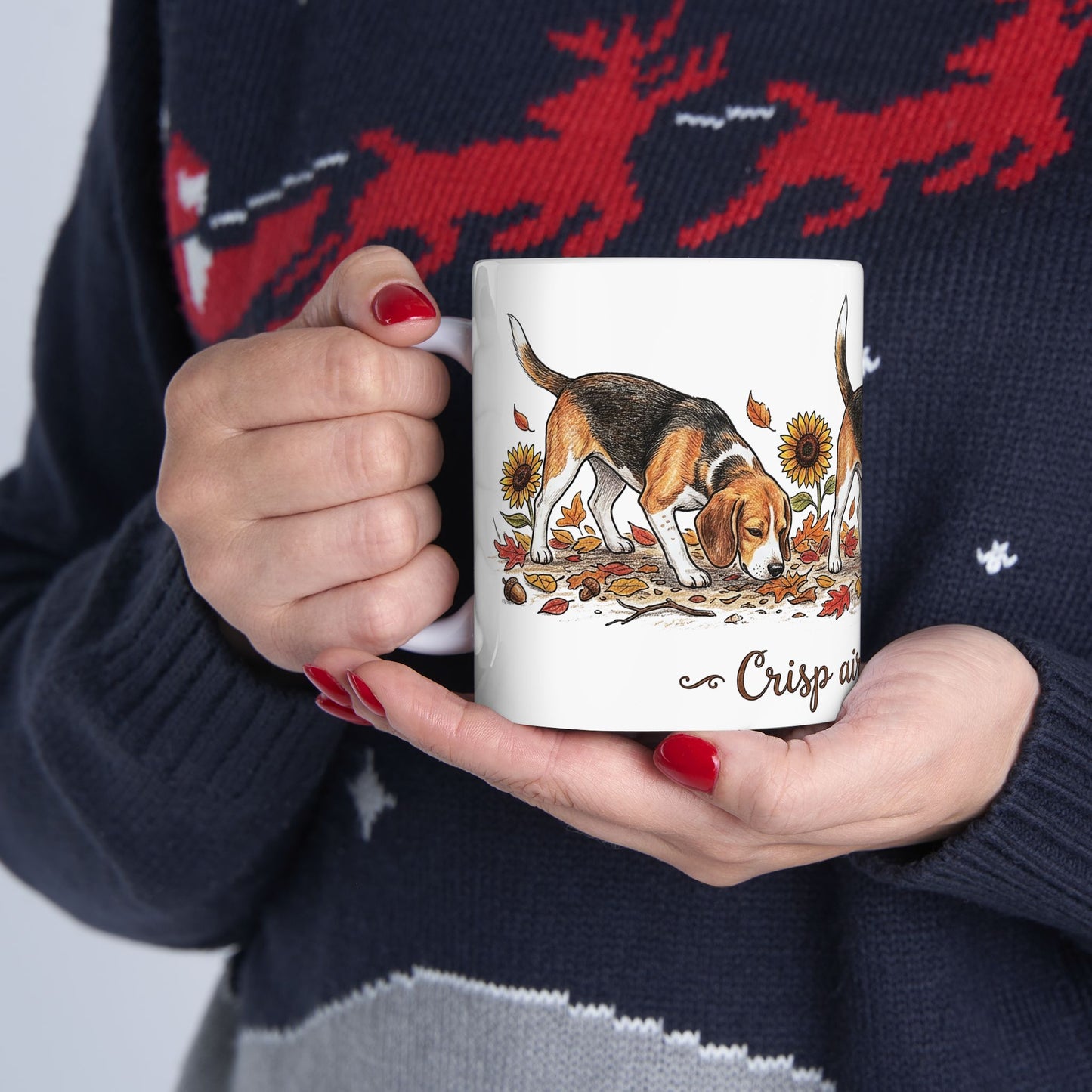 Beagle Fall Mug - "Crisp Air, Don't Care" Autumn Coffee Cup (11oz/15oz)