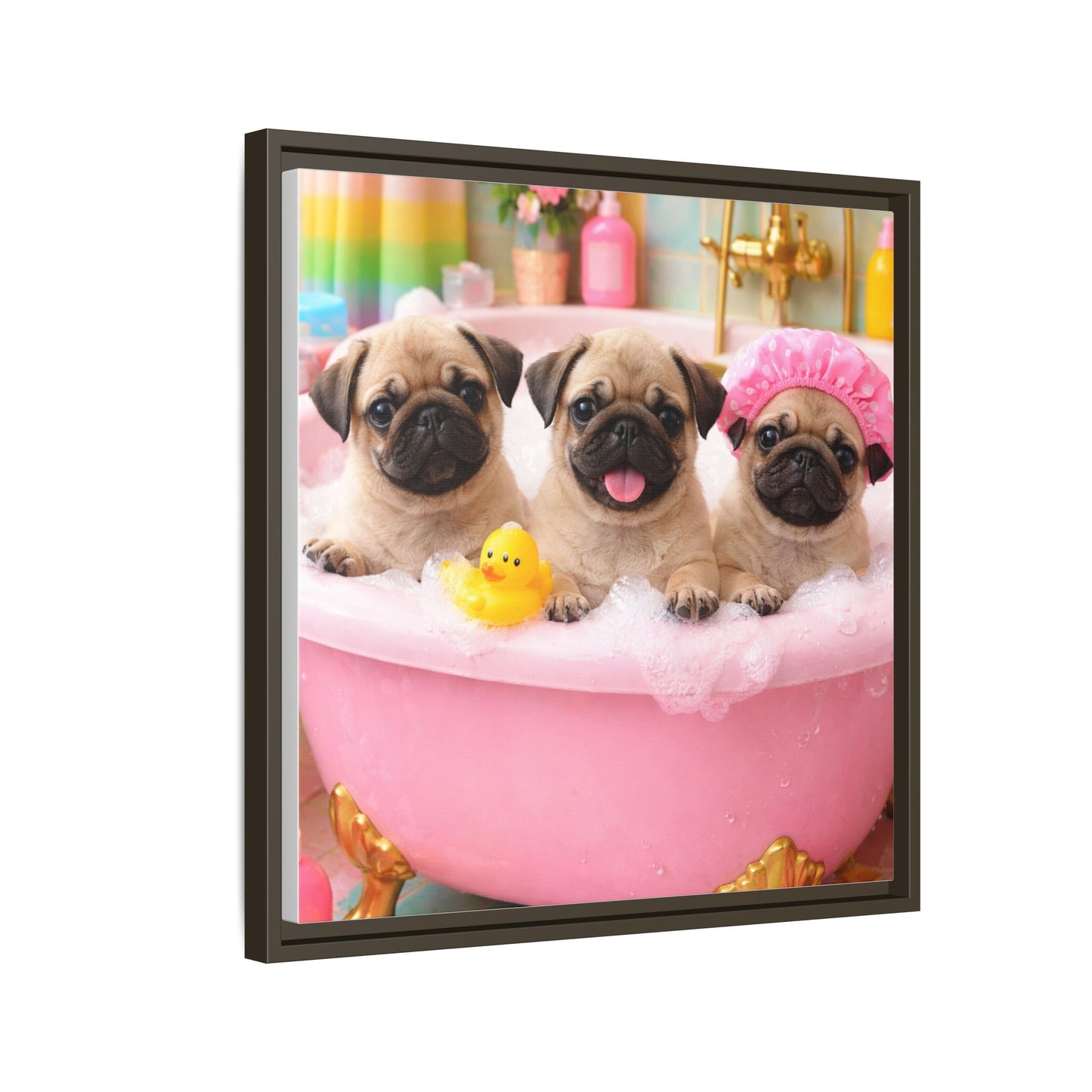 Pug Puppies Bubble Bath Matte Canvas Framed Wall Art