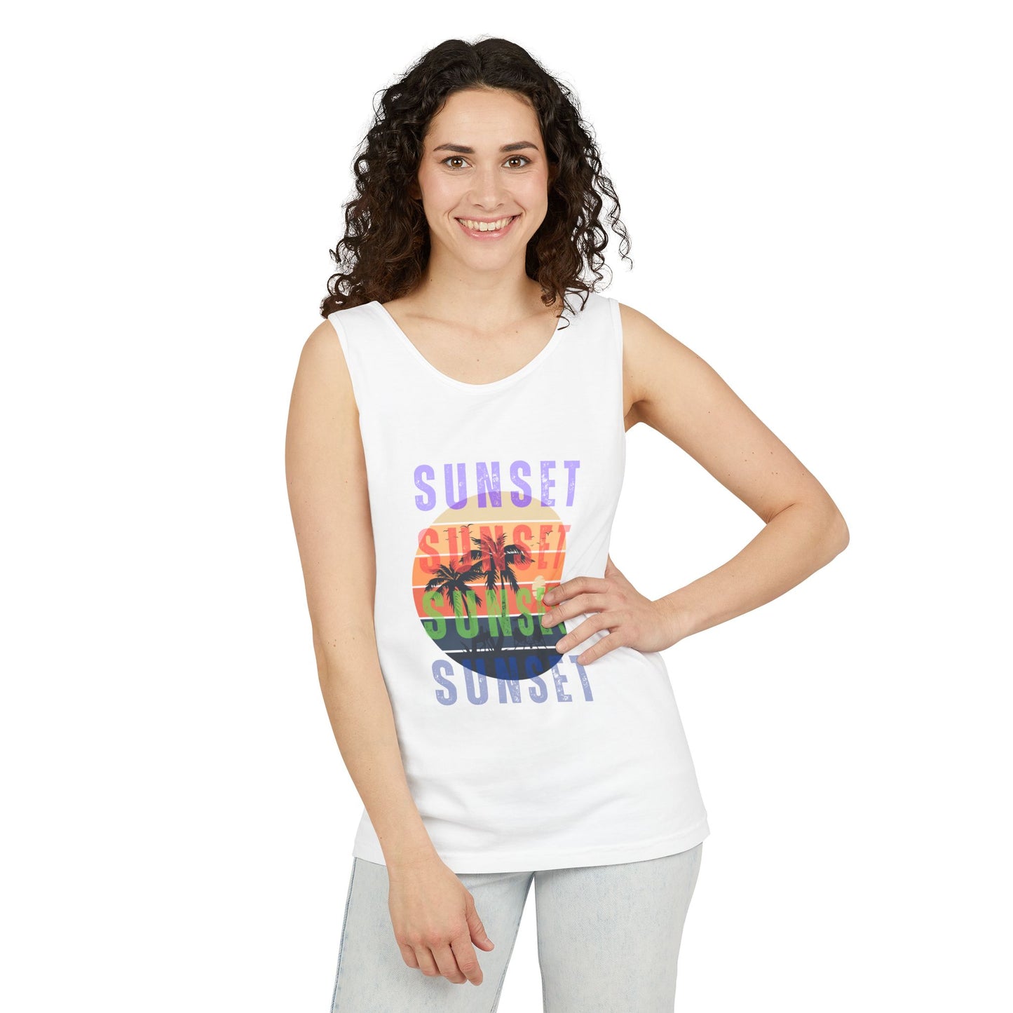 Sunset Palms Tank Top — Retro Beach Sunset Graphic Tank