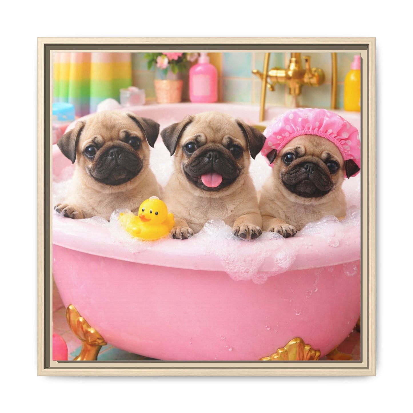 Pug Puppies Bubble Bath Matte Canvas Framed Wall Art