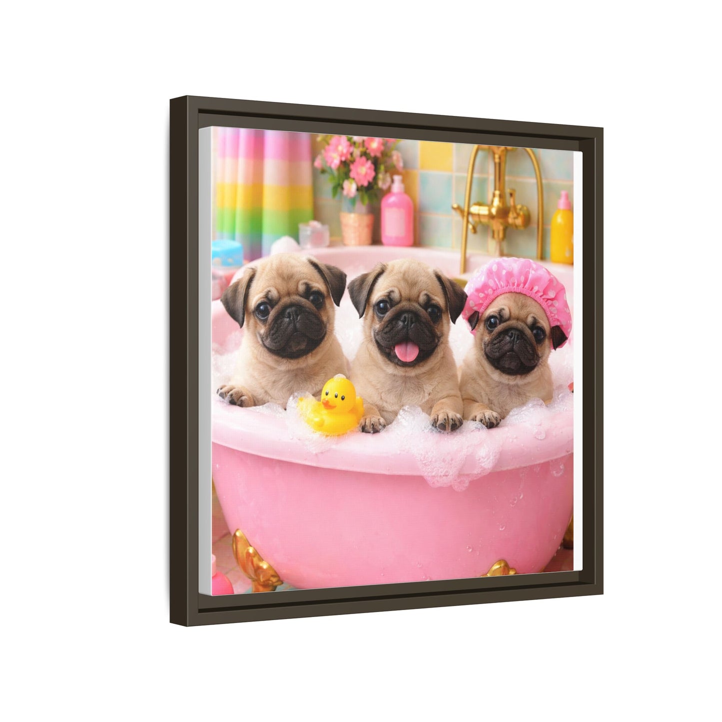 Pug Puppies Bubble Bath Matte Canvas Framed Wall Art