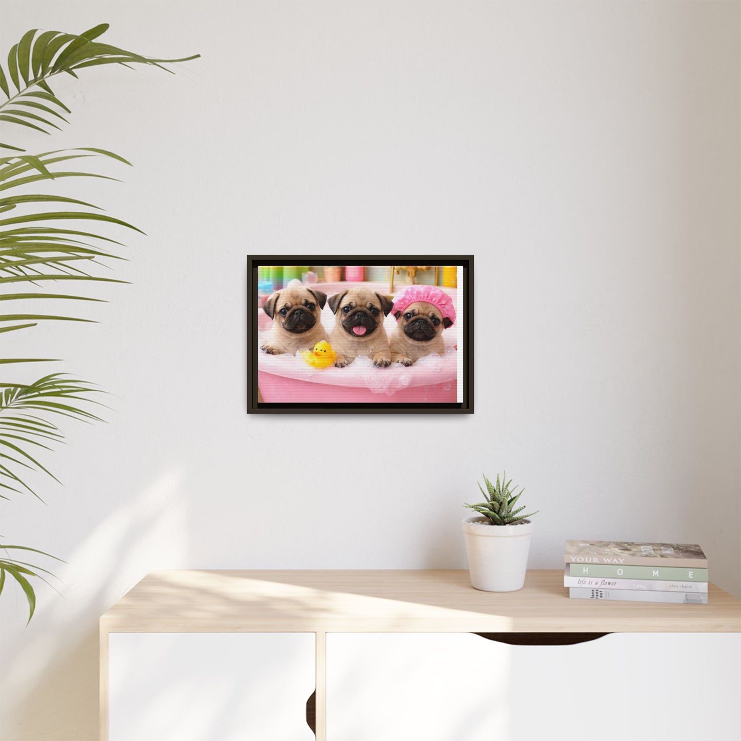 Pug Puppies Bubble Bath Matte Canvas Framed Wall Art