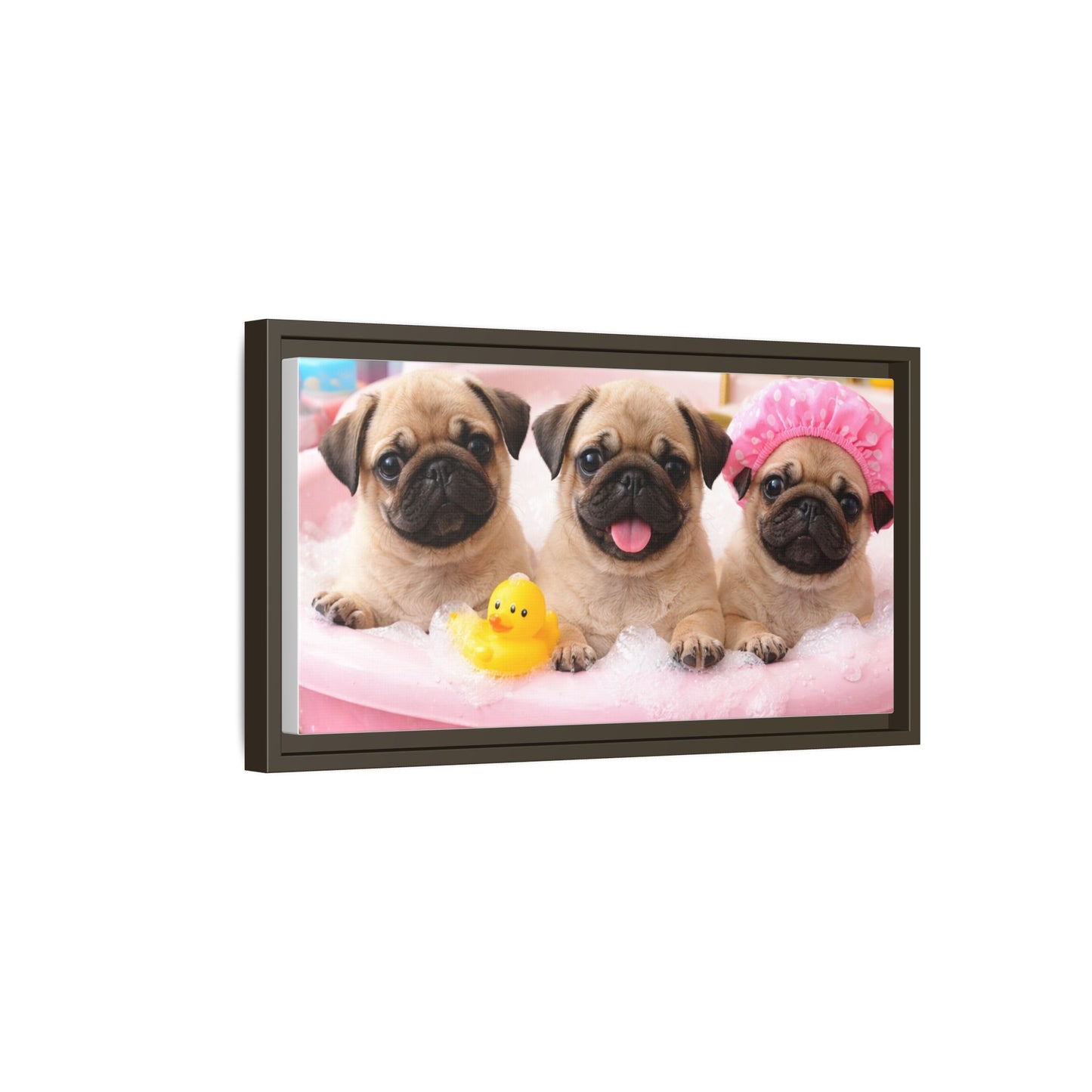 Pug Puppies Bubble Bath Matte Canvas Framed Wall Art