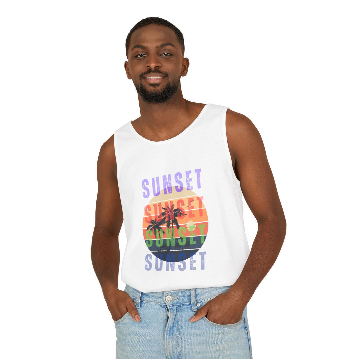 Sunset Palms Tank Top — Retro Beach Sunset Graphic Tank