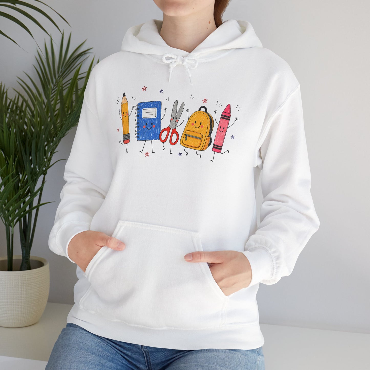 Back-to-School Hoodie – Cute School Supplies Graphic (Pencil, Notebook, Backpack)