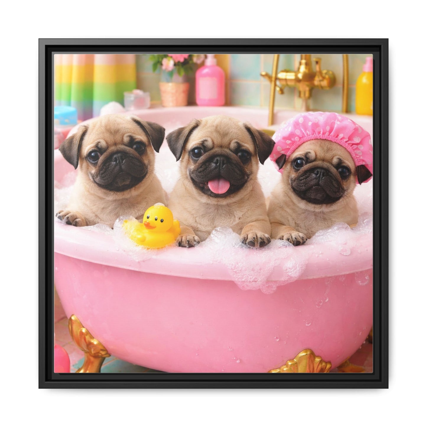 Pug Puppies Bubble Bath Matte Canvas Framed Wall Art