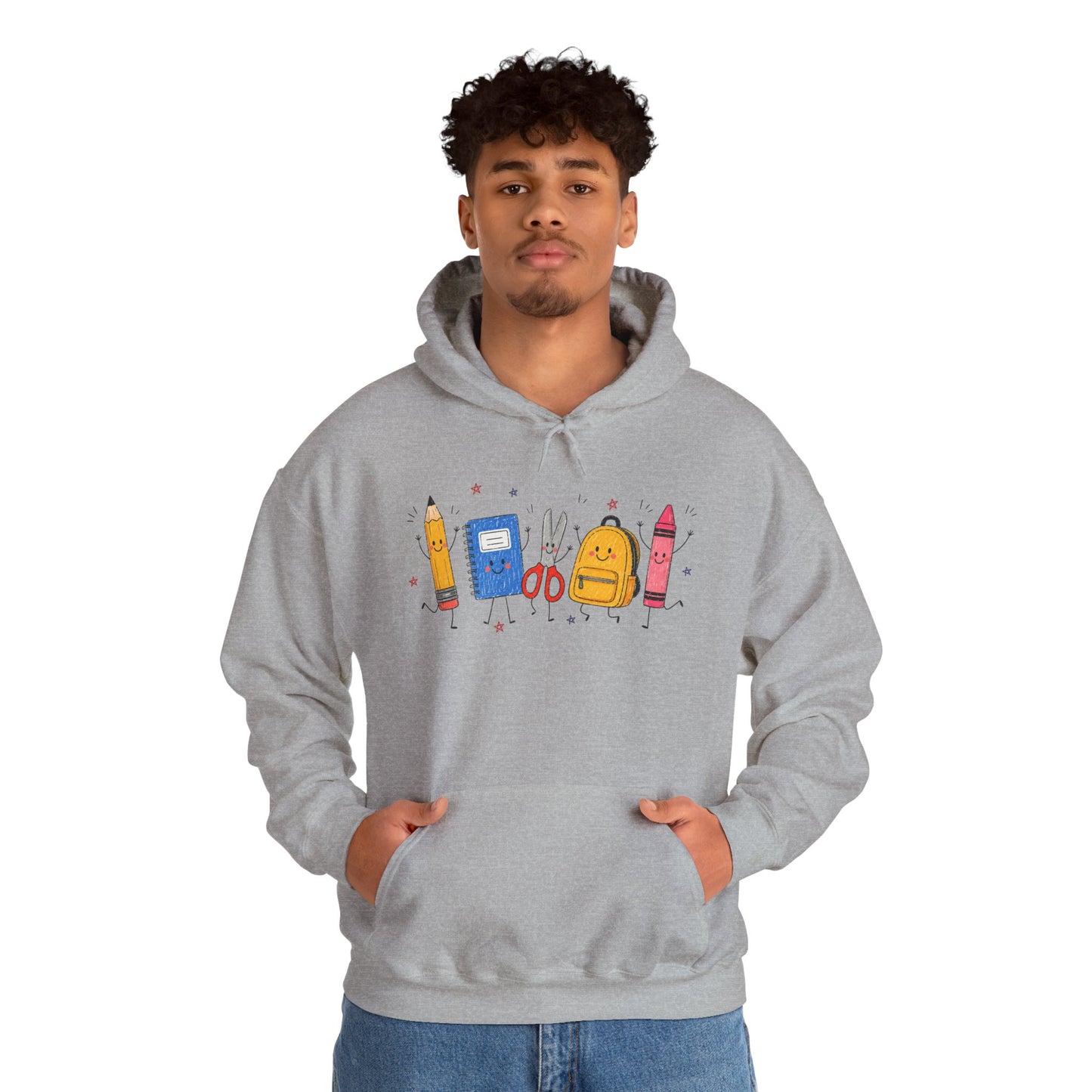 Back-to-School Hoodie – Cute School Supplies Graphic (Pencil, Notebook, Backpack)