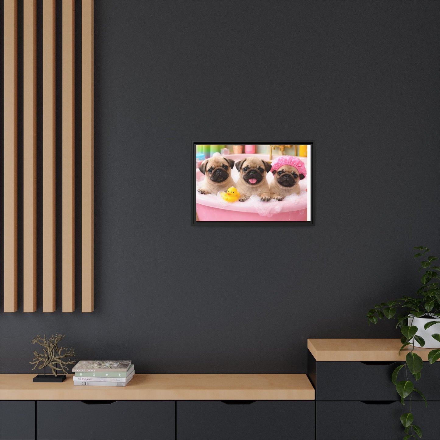 Pug Puppies Bubble Bath Matte Canvas Framed Wall Art