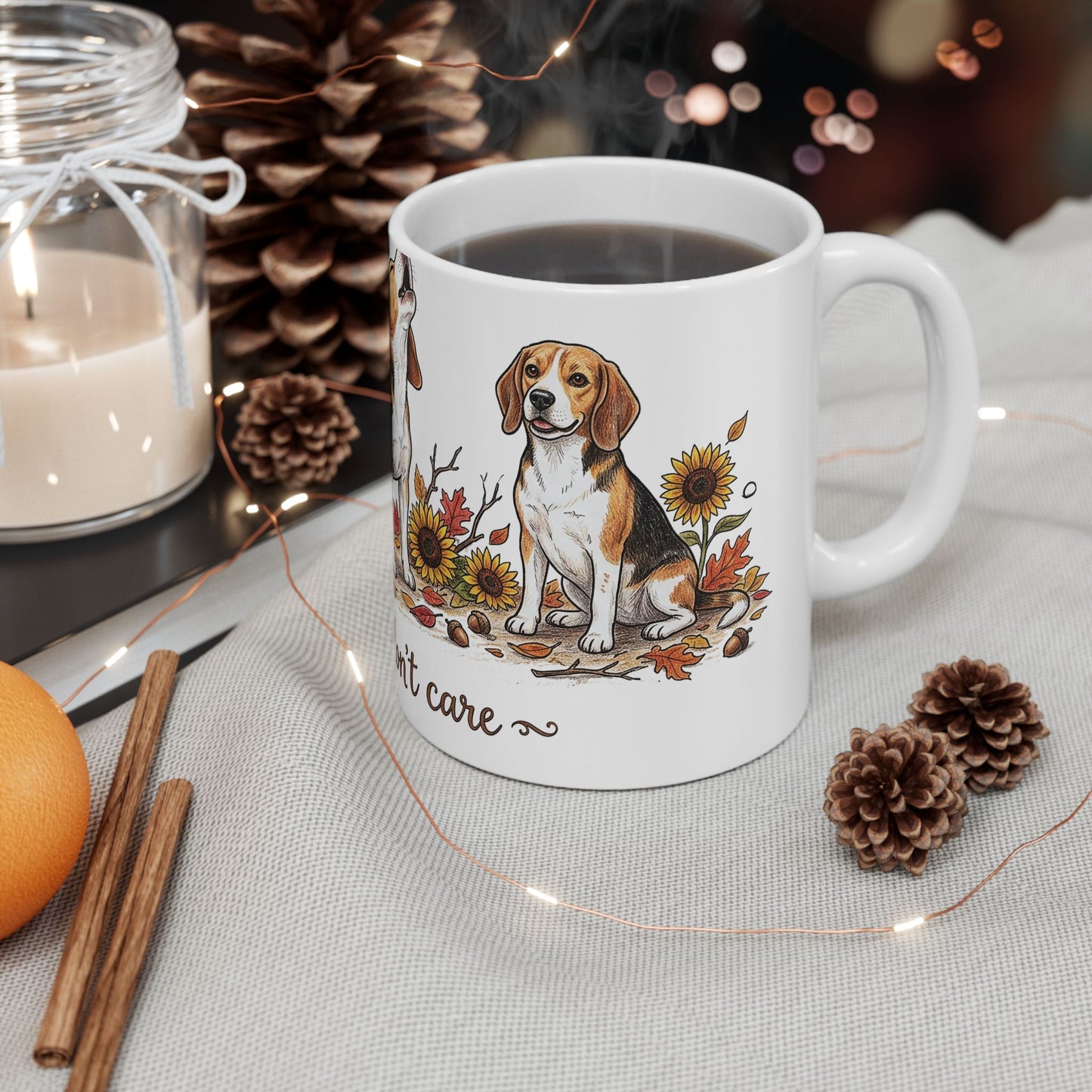 Beagle Fall Mug - "Crisp Air, Don't Care" Autumn Coffee Cup (11oz/15oz)