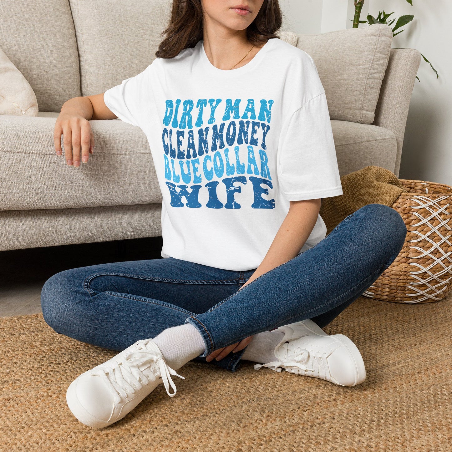Dirty Man Clean Money Blue Collar T-Shirt — Blue Typography Graphic Tee for Wives & Country-Lifestyle Fans