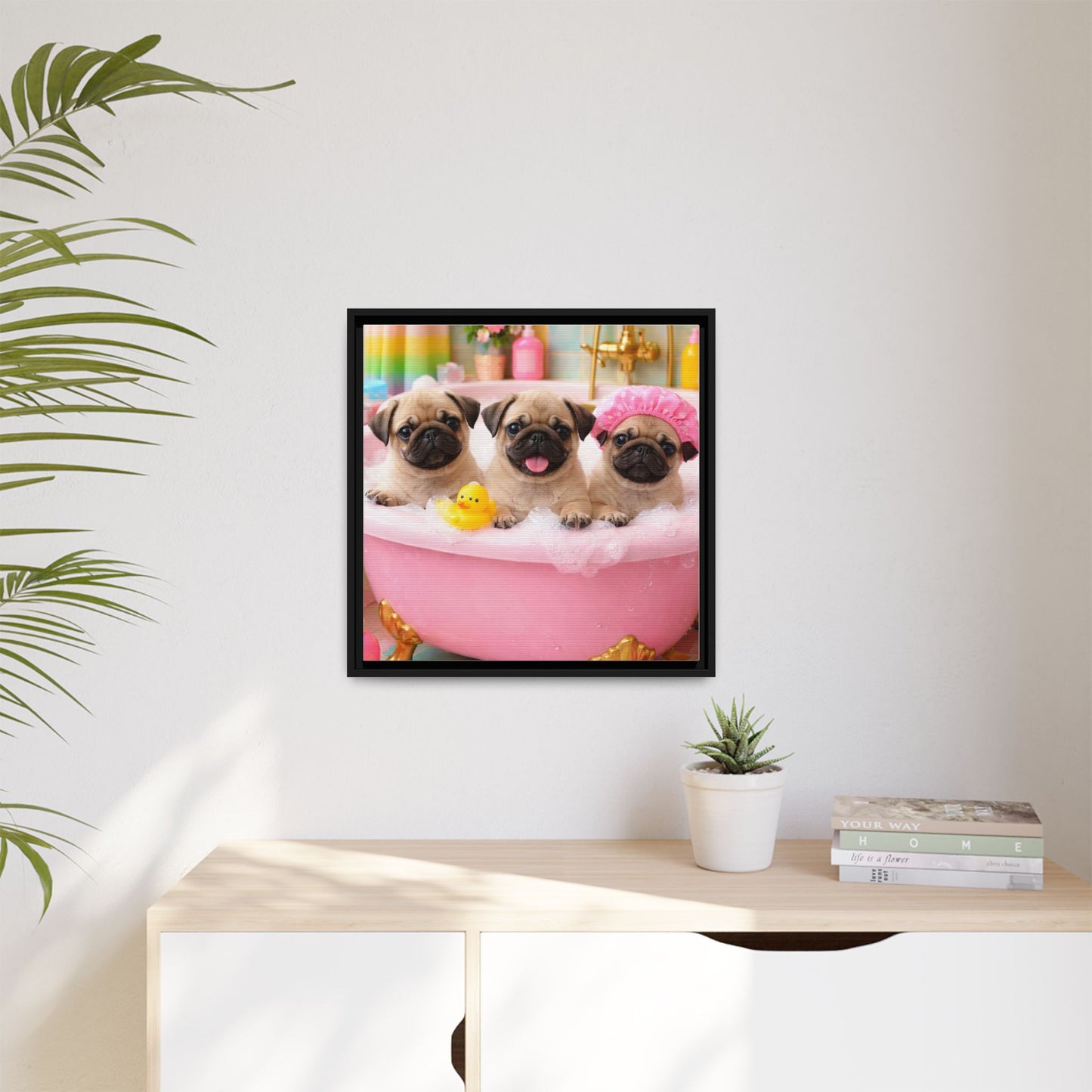 Pug Puppies Bubble Bath Matte Canvas Framed Wall Art