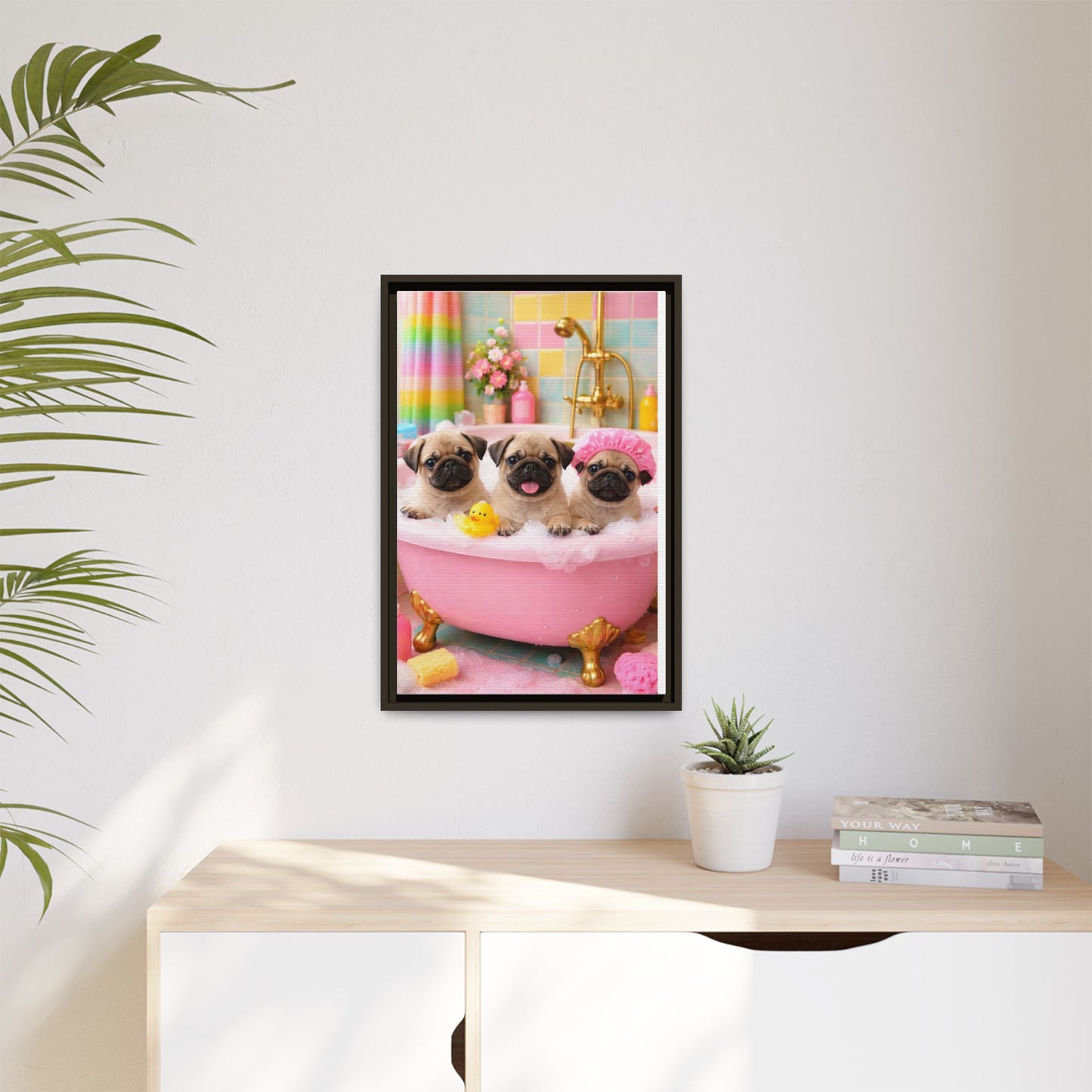Pug Puppies Bubble Bath Matte Canvas Framed Wall Art