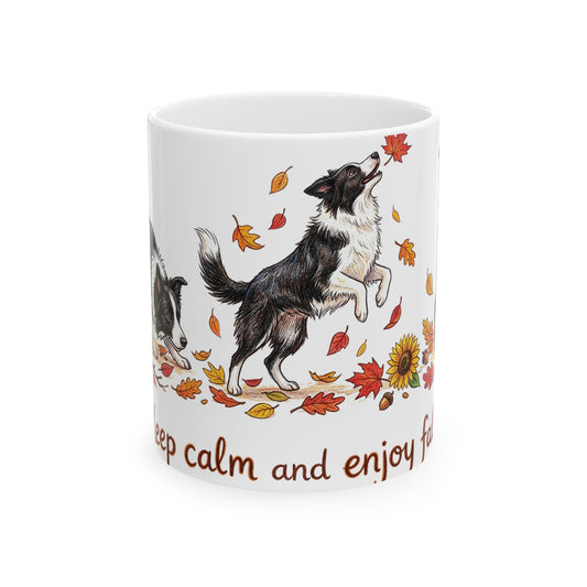 Border Collie Autumn Mug — "Keep Calm and Enjoy Fall" Ceramic Coffee Cup (11oz/15oz)