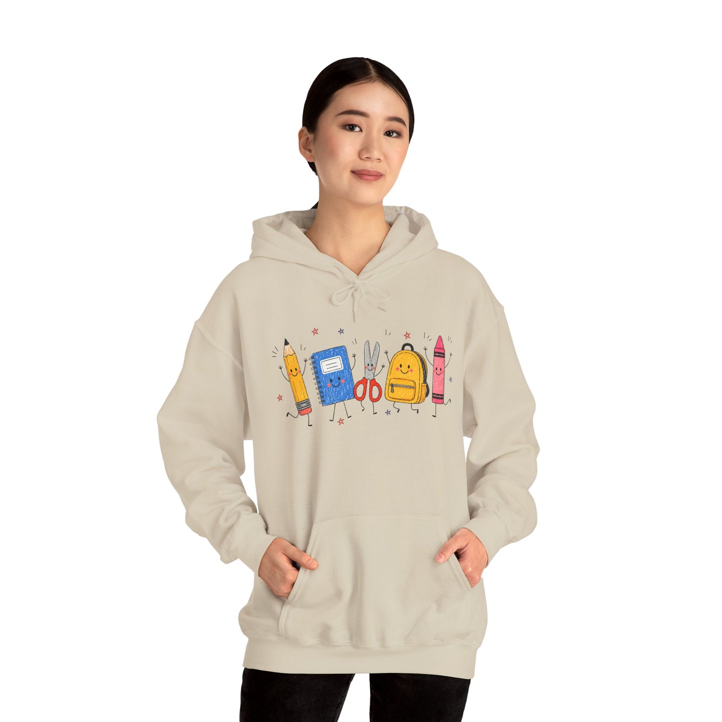 Back-to-School Hoodie – Cute School Supplies Graphic (Pencil, Notebook, Backpack)