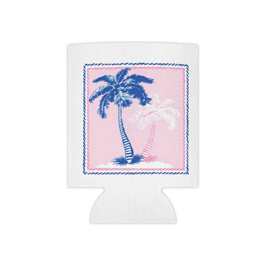 Tropical Palm Can Cooler — Pink & Blue Beach Drink Koozie