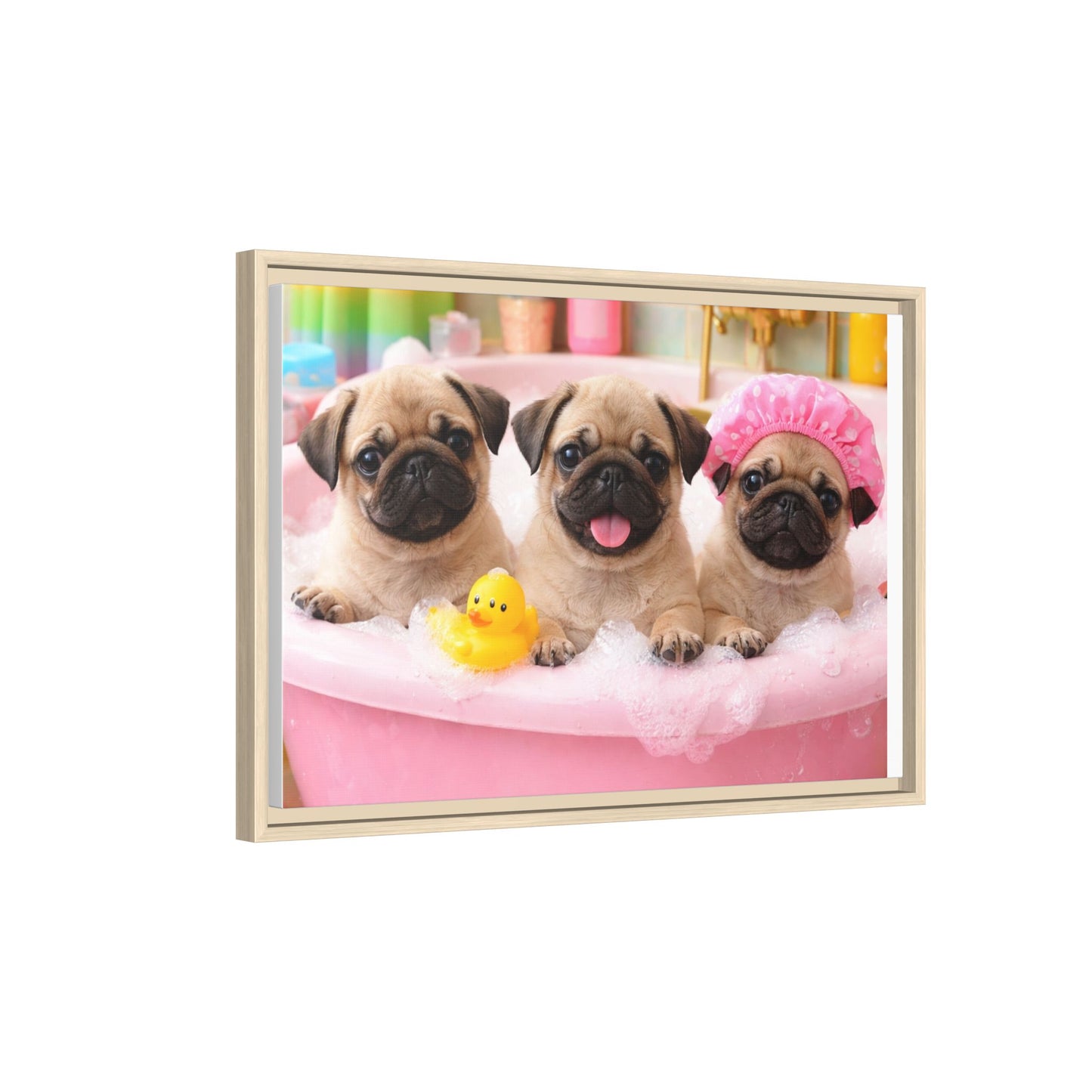 Pug Puppies Bubble Bath Matte Canvas Framed Wall Art