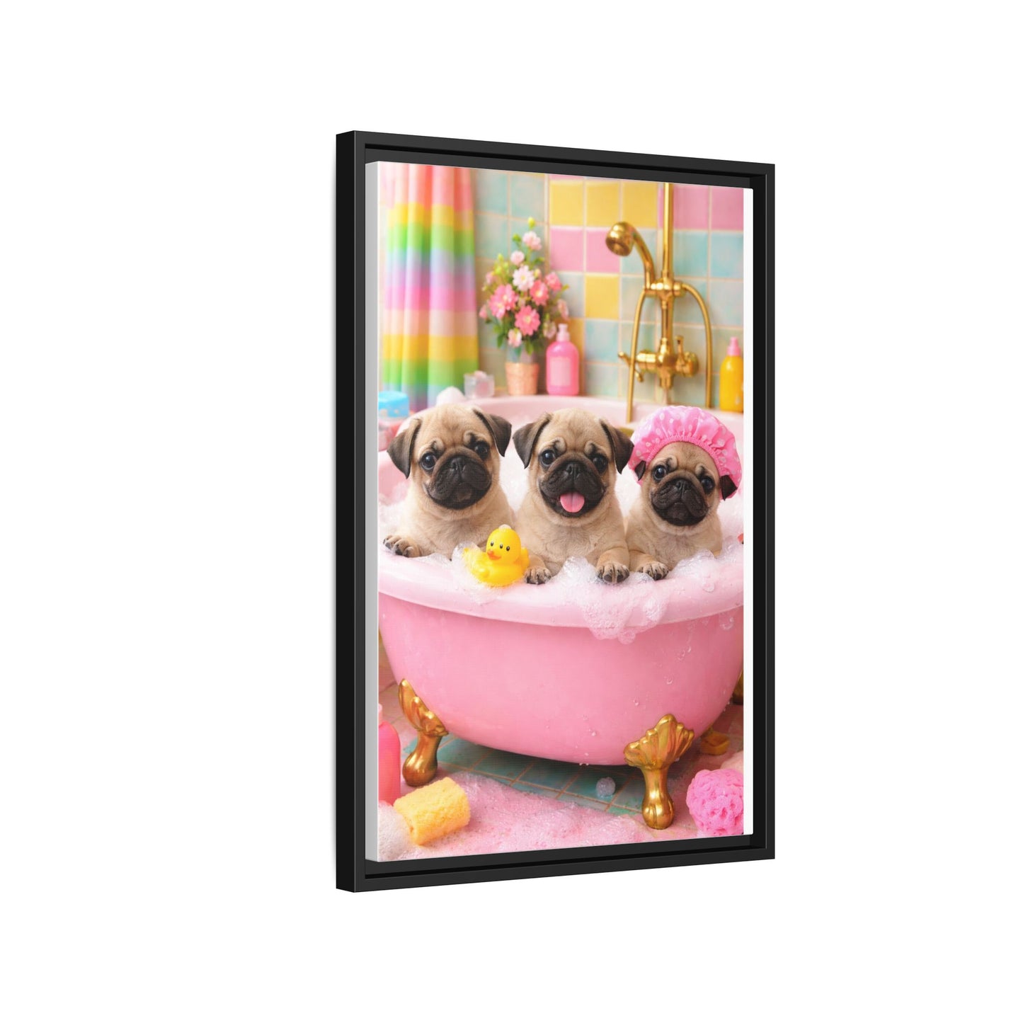 Pug Puppies Bubble Bath Matte Canvas Framed Wall Art