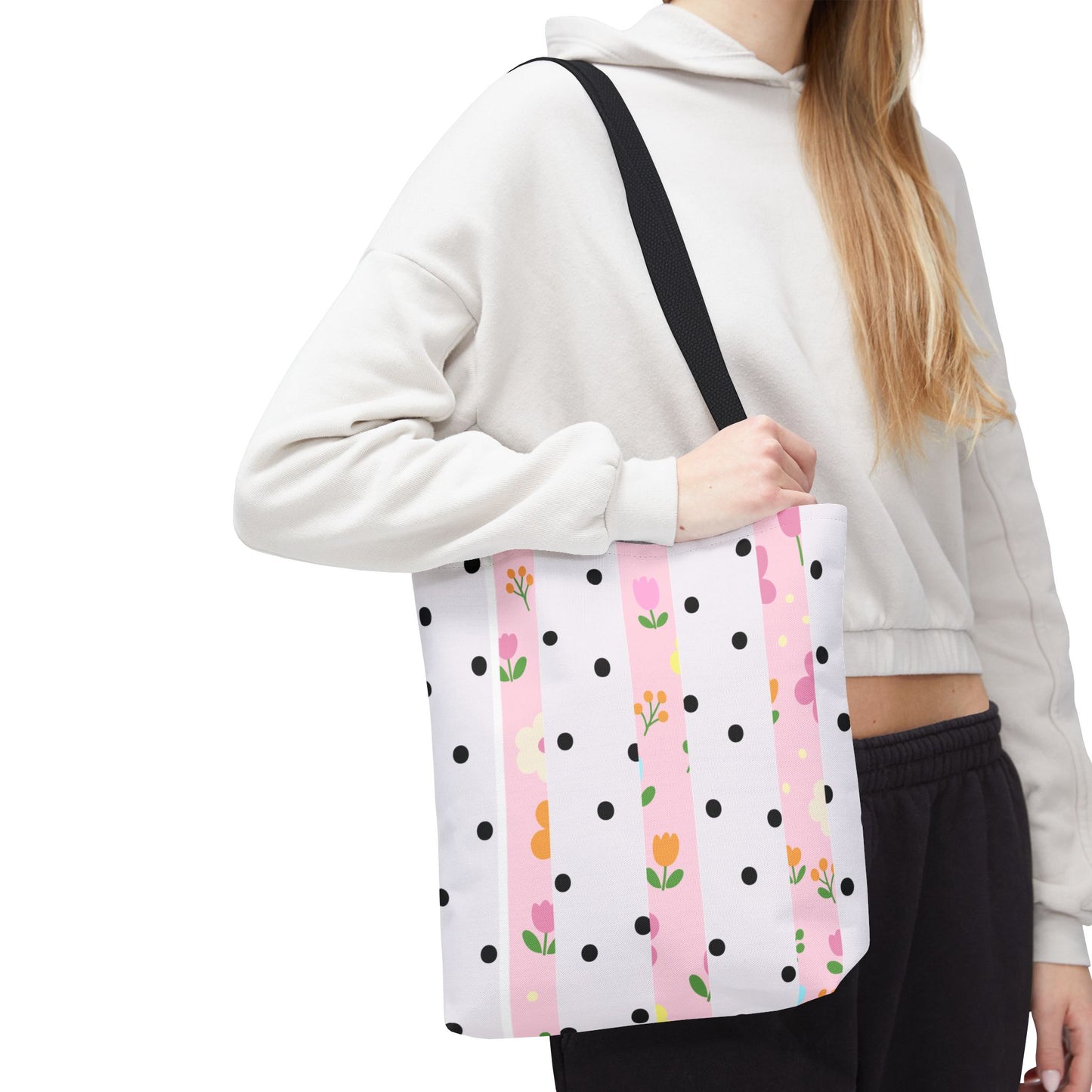 Floral Polka Dot Tote Bag — Pink Striped All-Over Print