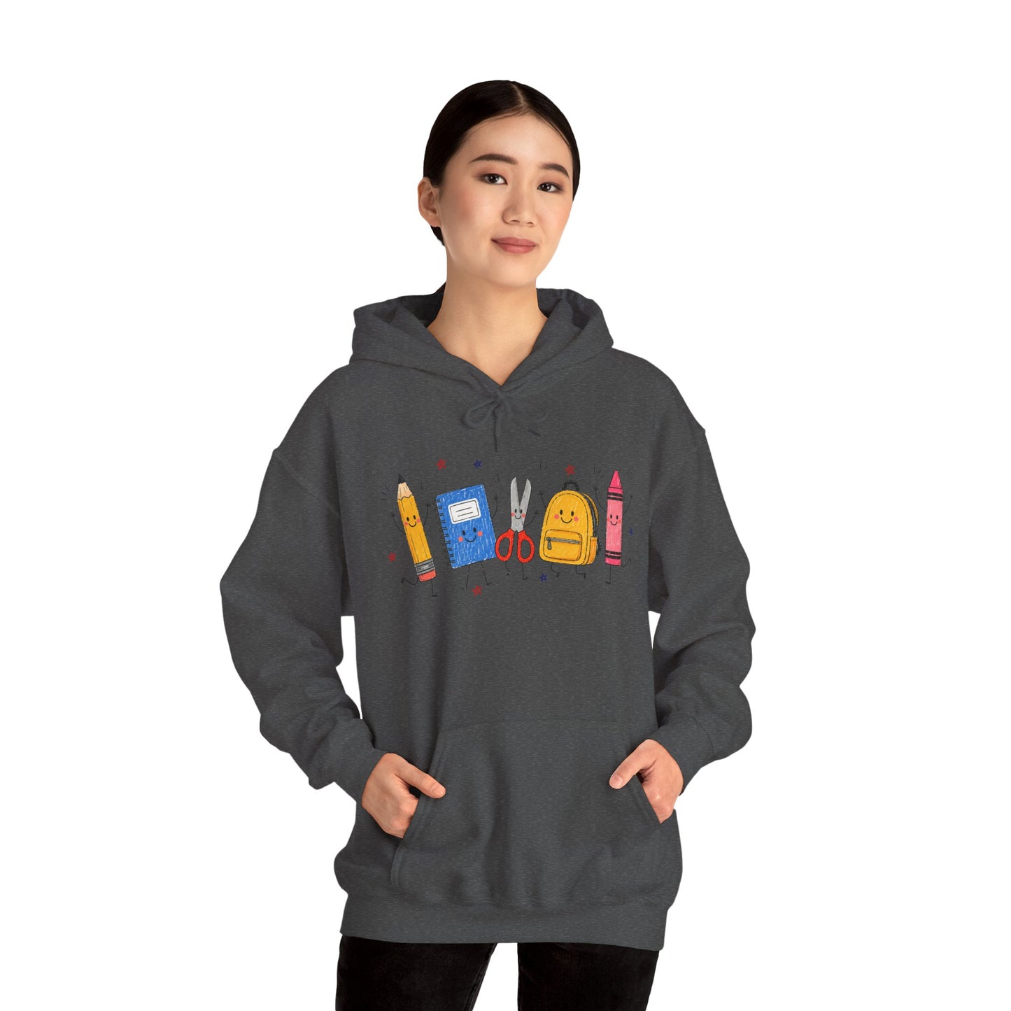 Back-to-School Hoodie – Cute School Supplies Graphic (Pencil, Notebook, Backpack)