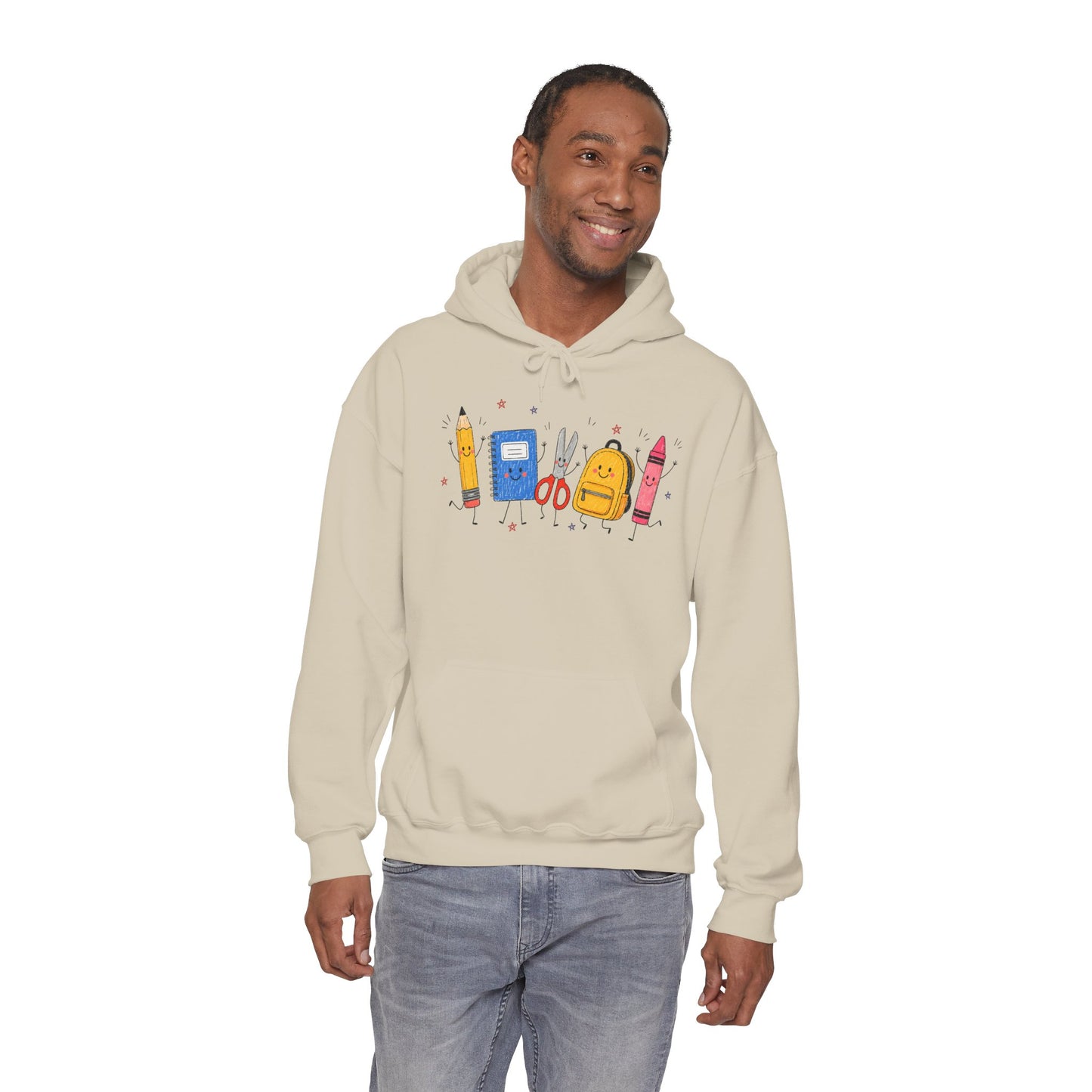 Back-to-School Hoodie – Cute School Supplies Graphic (Pencil, Notebook, Backpack)