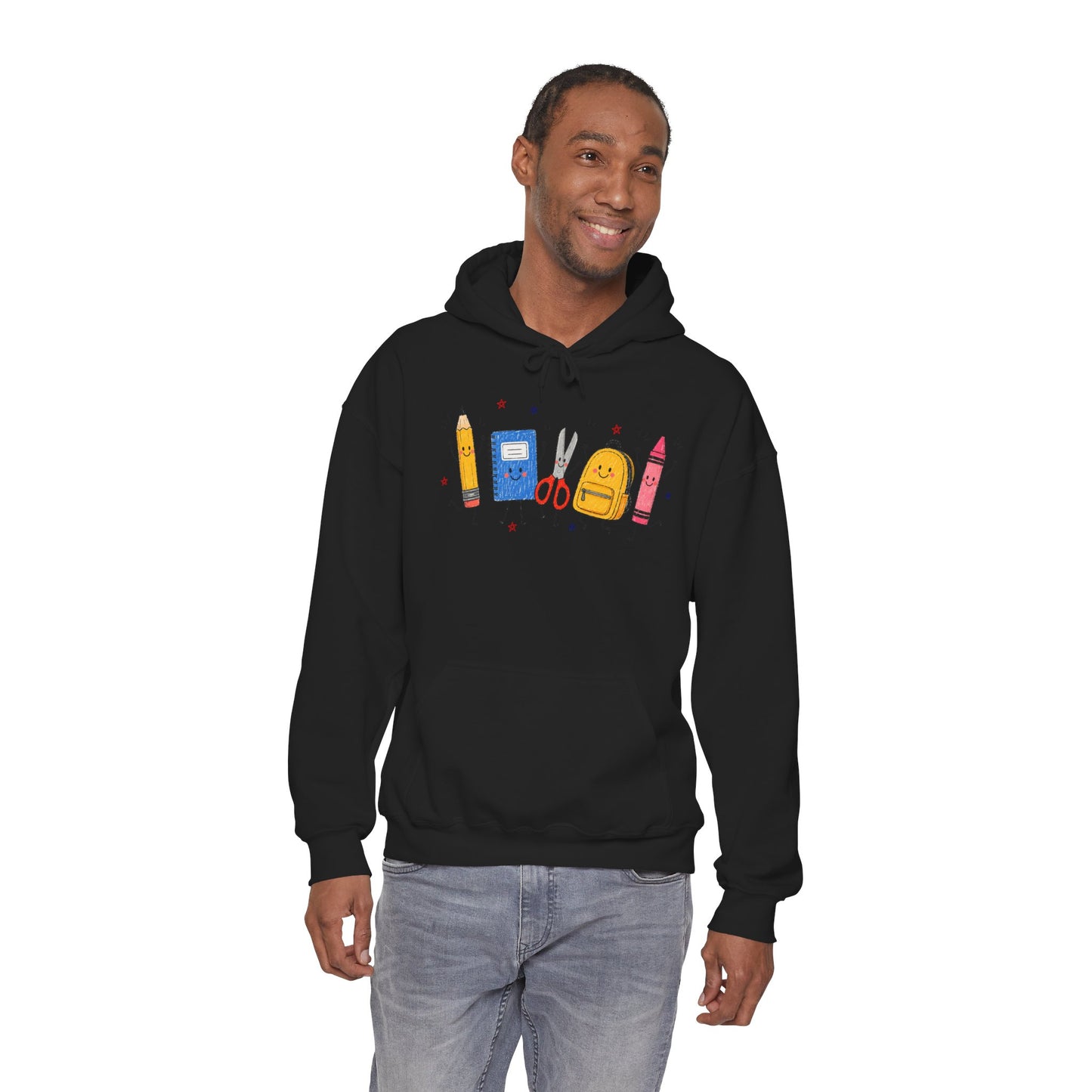Back-to-School Hoodie – Cute School Supplies Graphic (Pencil, Notebook, Backpack)