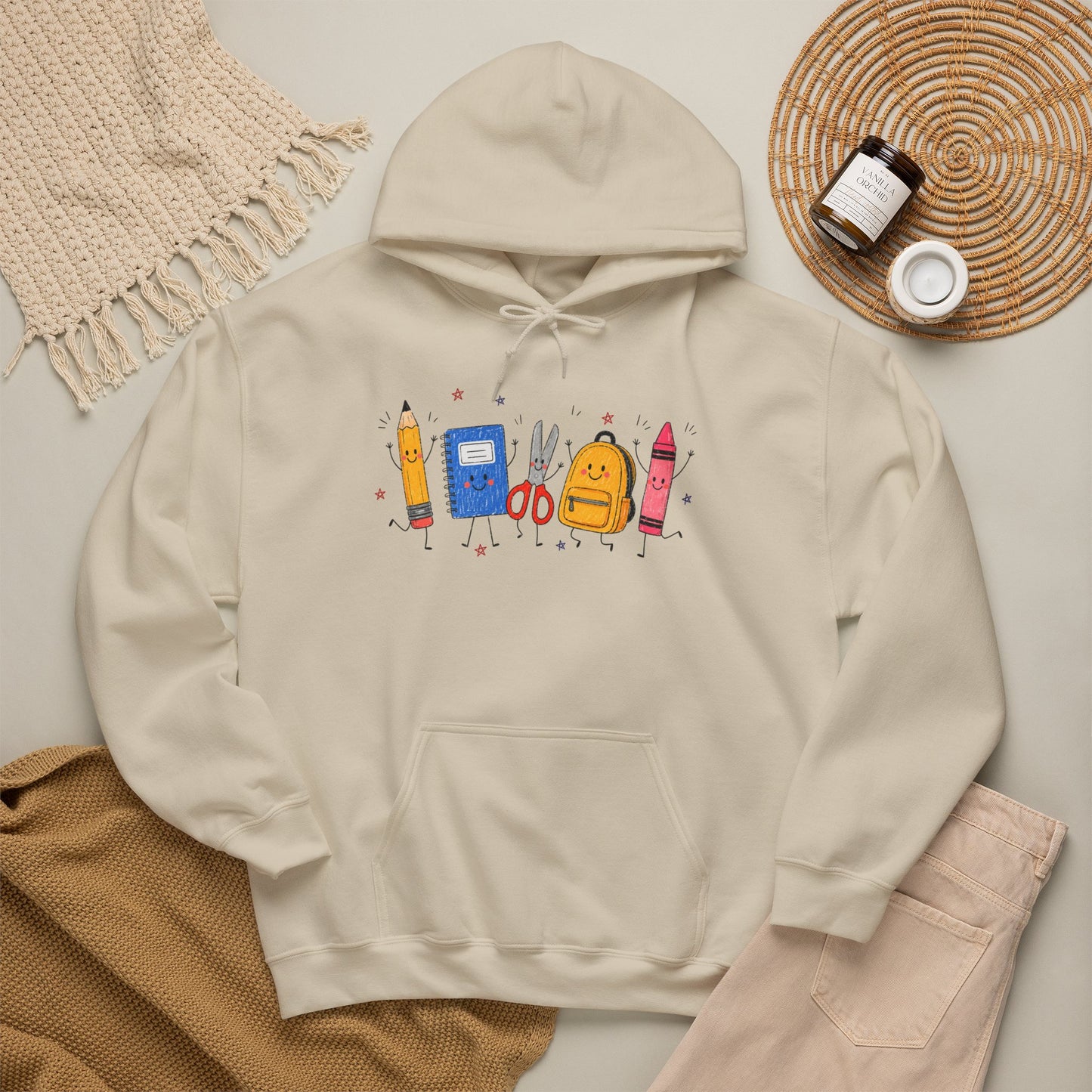 Back-to-School Hoodie – Cute School Supplies Graphic (Pencil, Notebook, Backpack)
