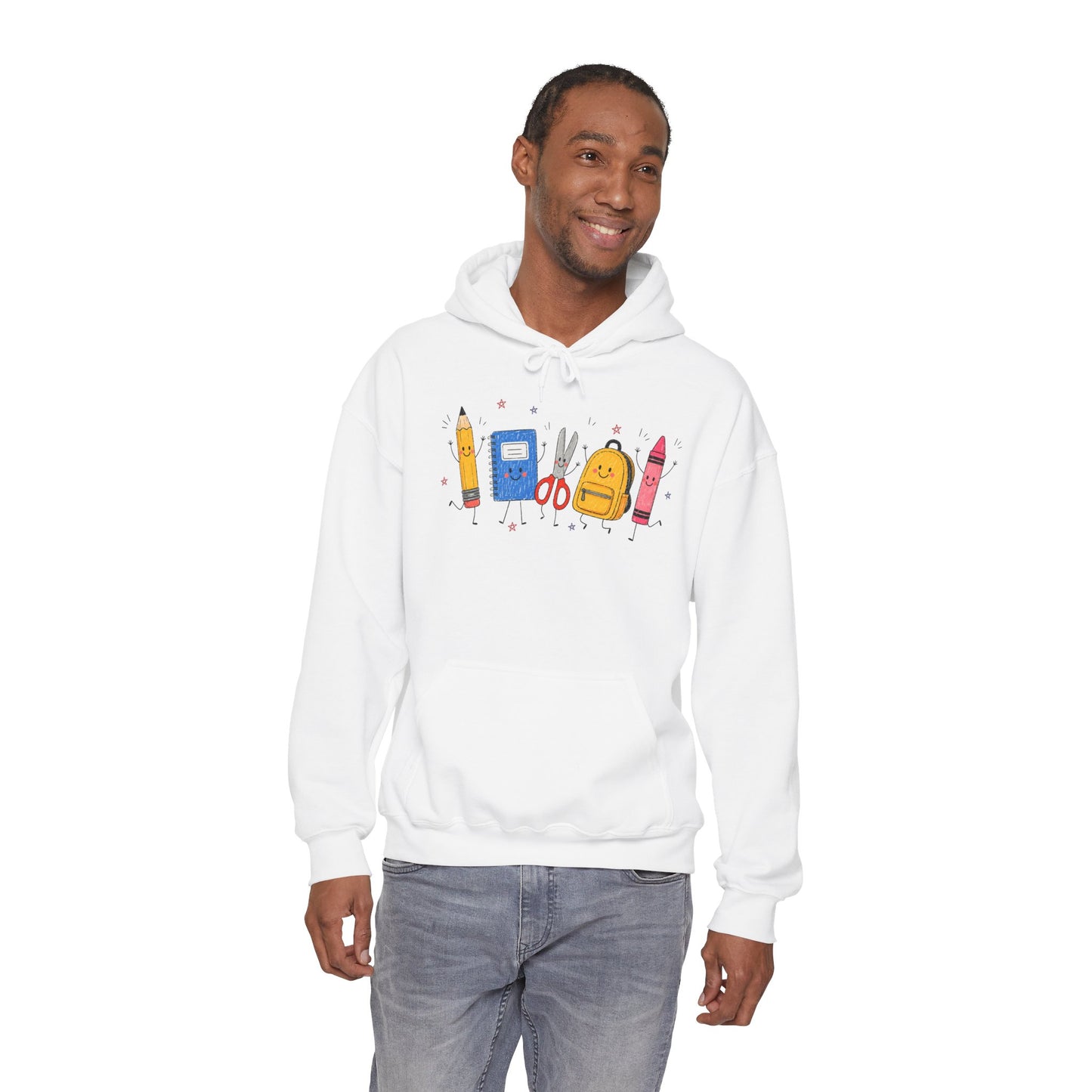 Back-to-School Hoodie – Cute School Supplies Graphic (Pencil, Notebook, Backpack)