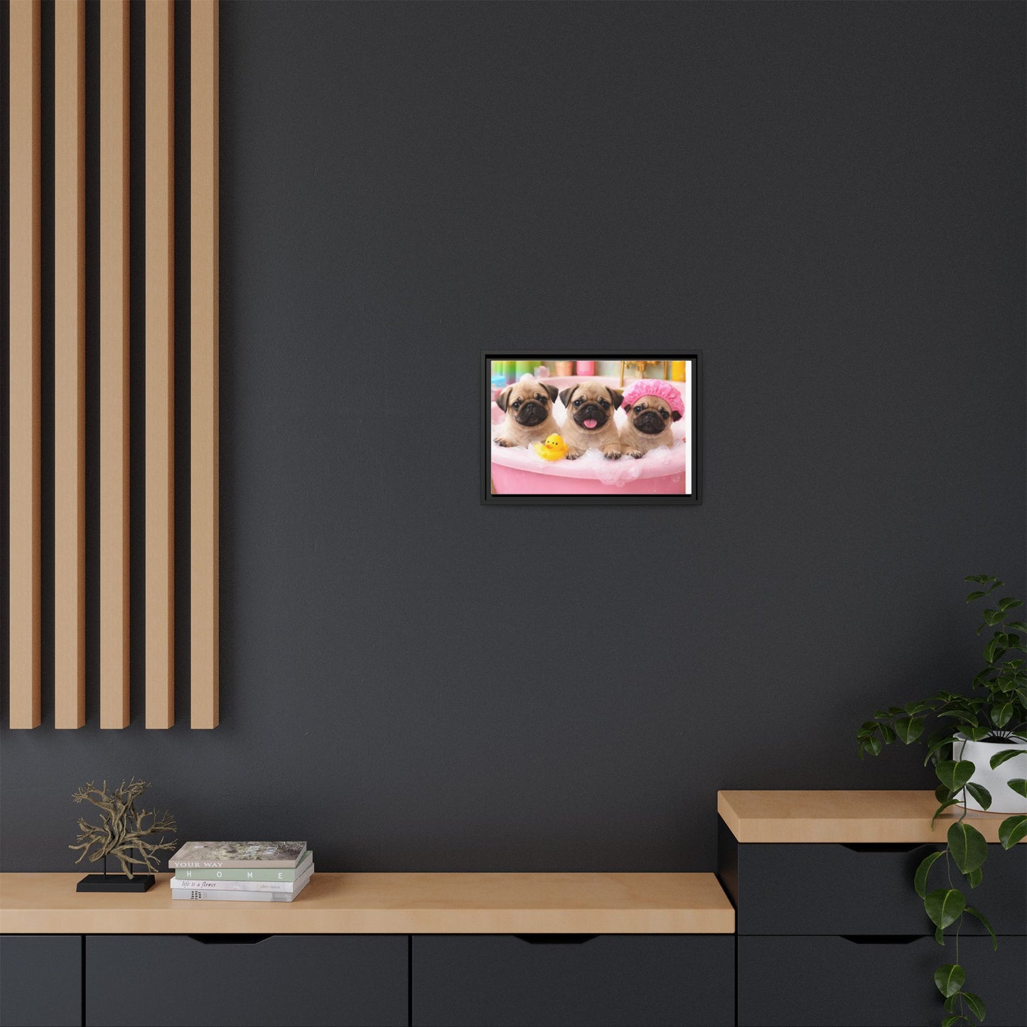 Pug Puppies Bubble Bath Matte Canvas Framed Wall Art
