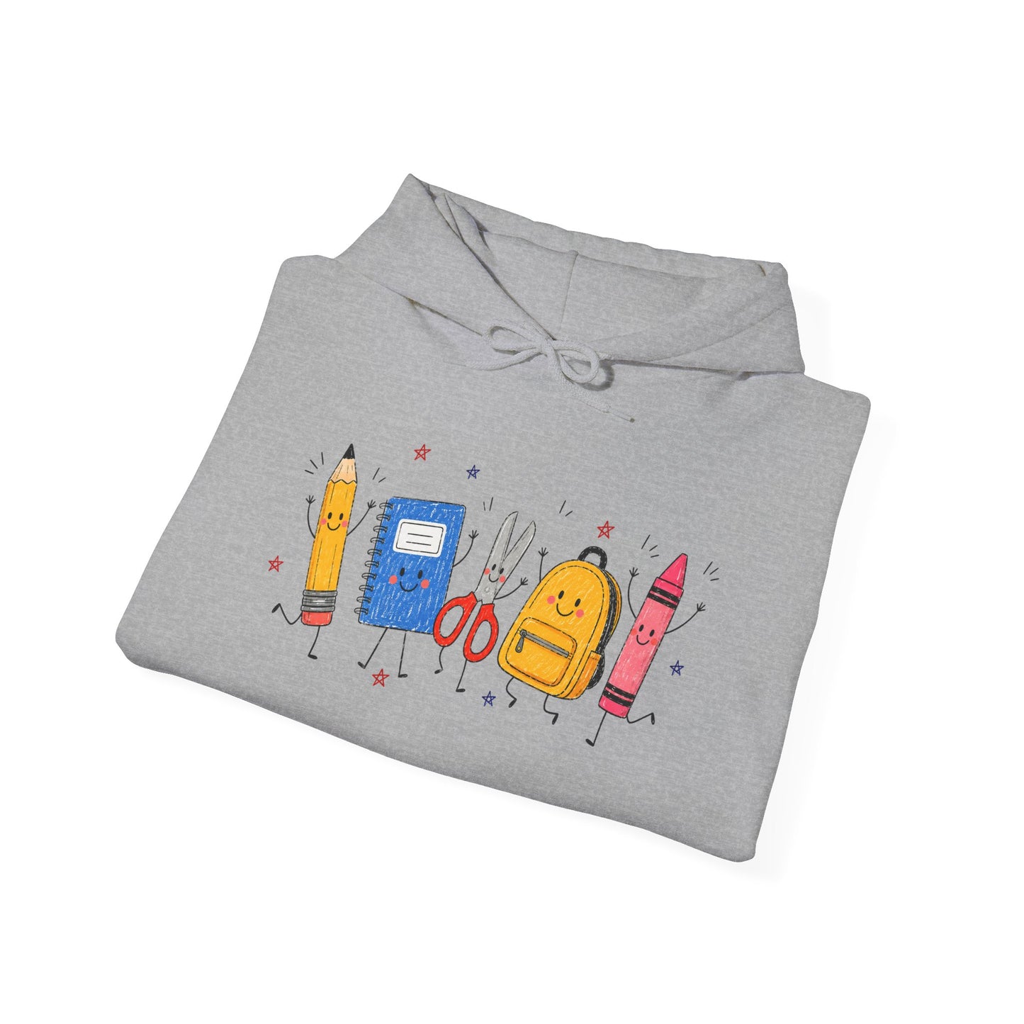 Back-to-School Hoodie – Cute School Supplies Graphic (Pencil, Notebook, Backpack)