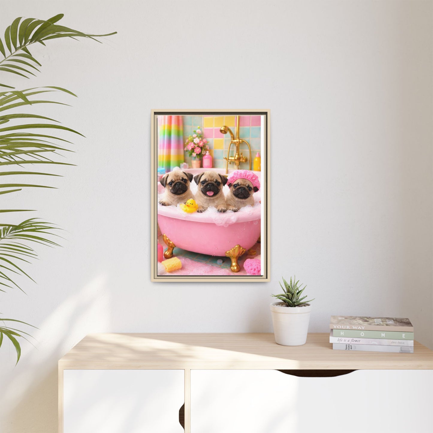 Pug Puppies Bubble Bath Matte Canvas Framed Wall Art