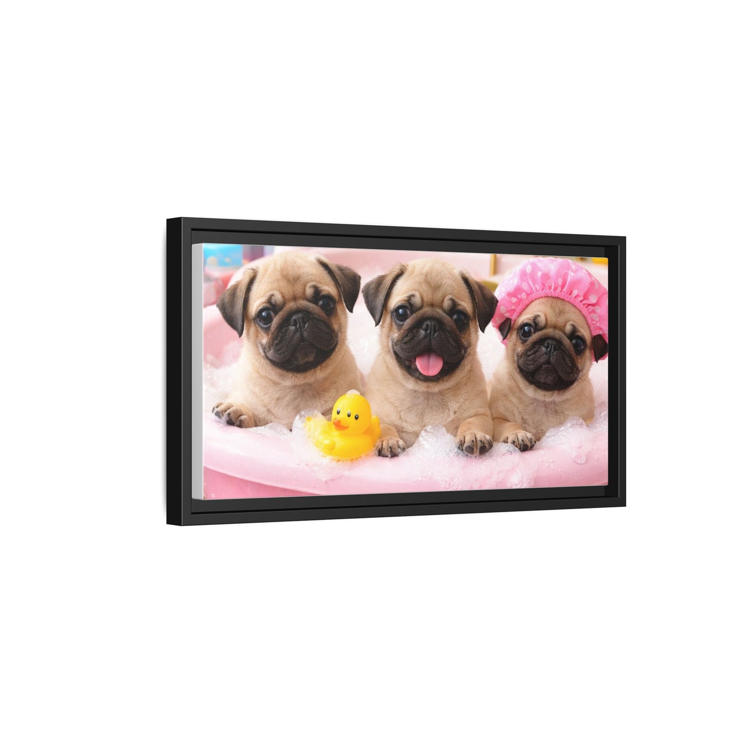 Pug Puppies Bubble Bath Matte Canvas Framed Wall Art