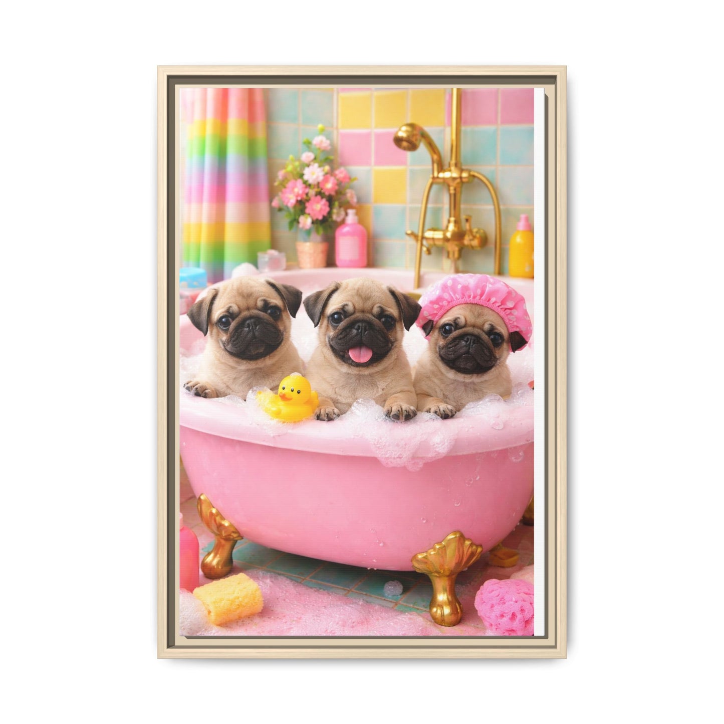 Pug Puppies Bubble Bath Matte Canvas Framed Wall Art