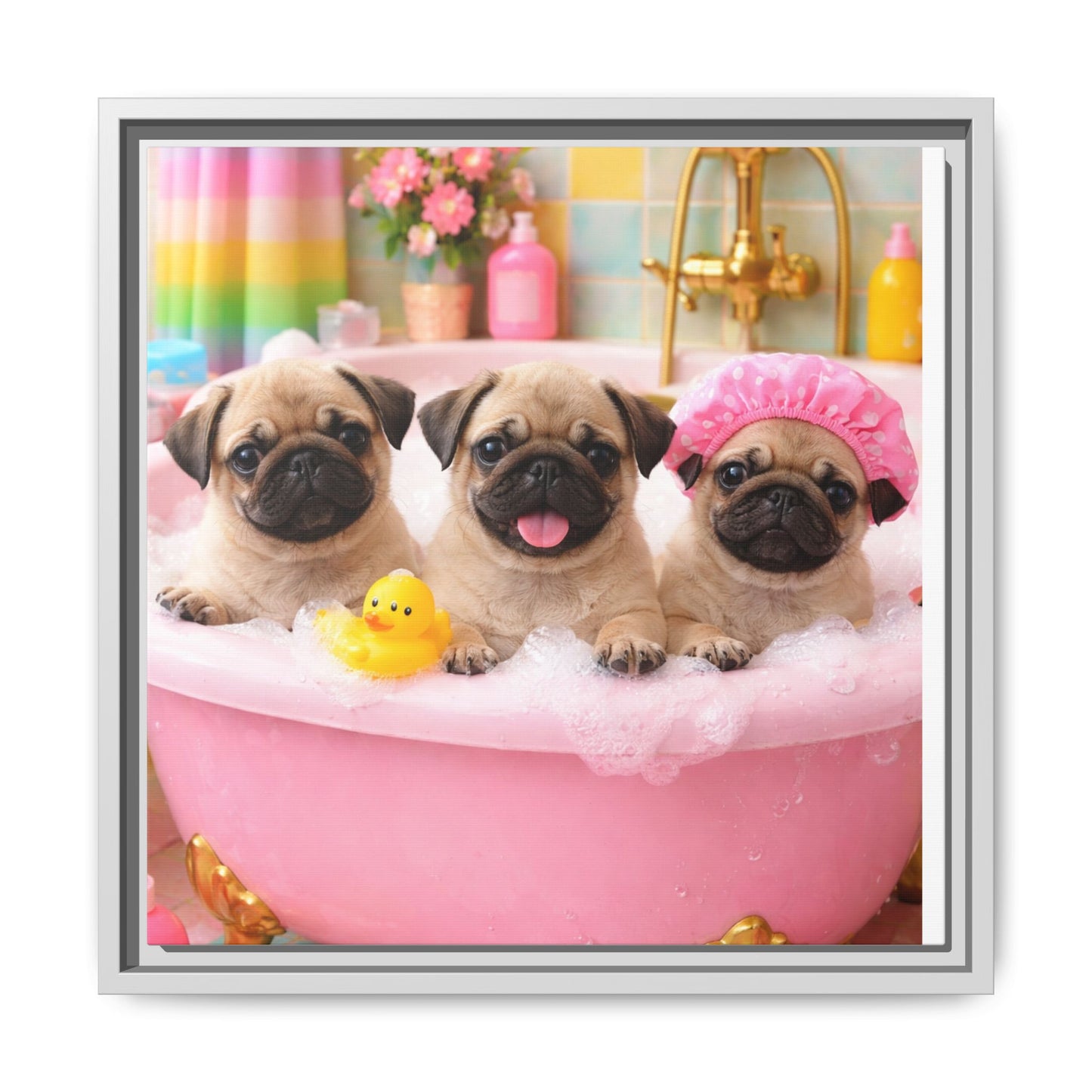 Pug Puppies Bubble Bath Matte Canvas Framed Wall Art