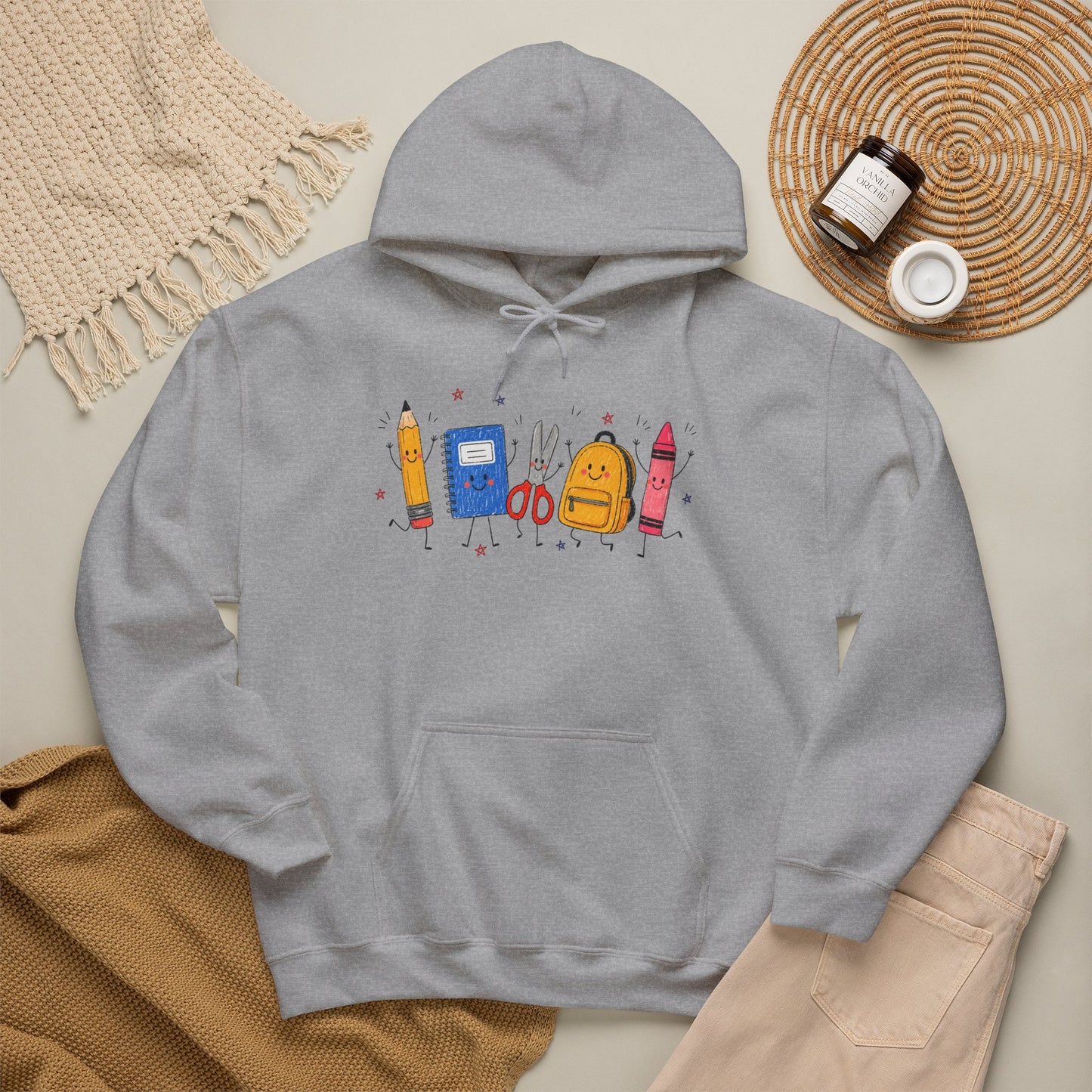 Back-to-School Hoodie – Cute School Supplies Graphic (Pencil, Notebook, Backpack)
