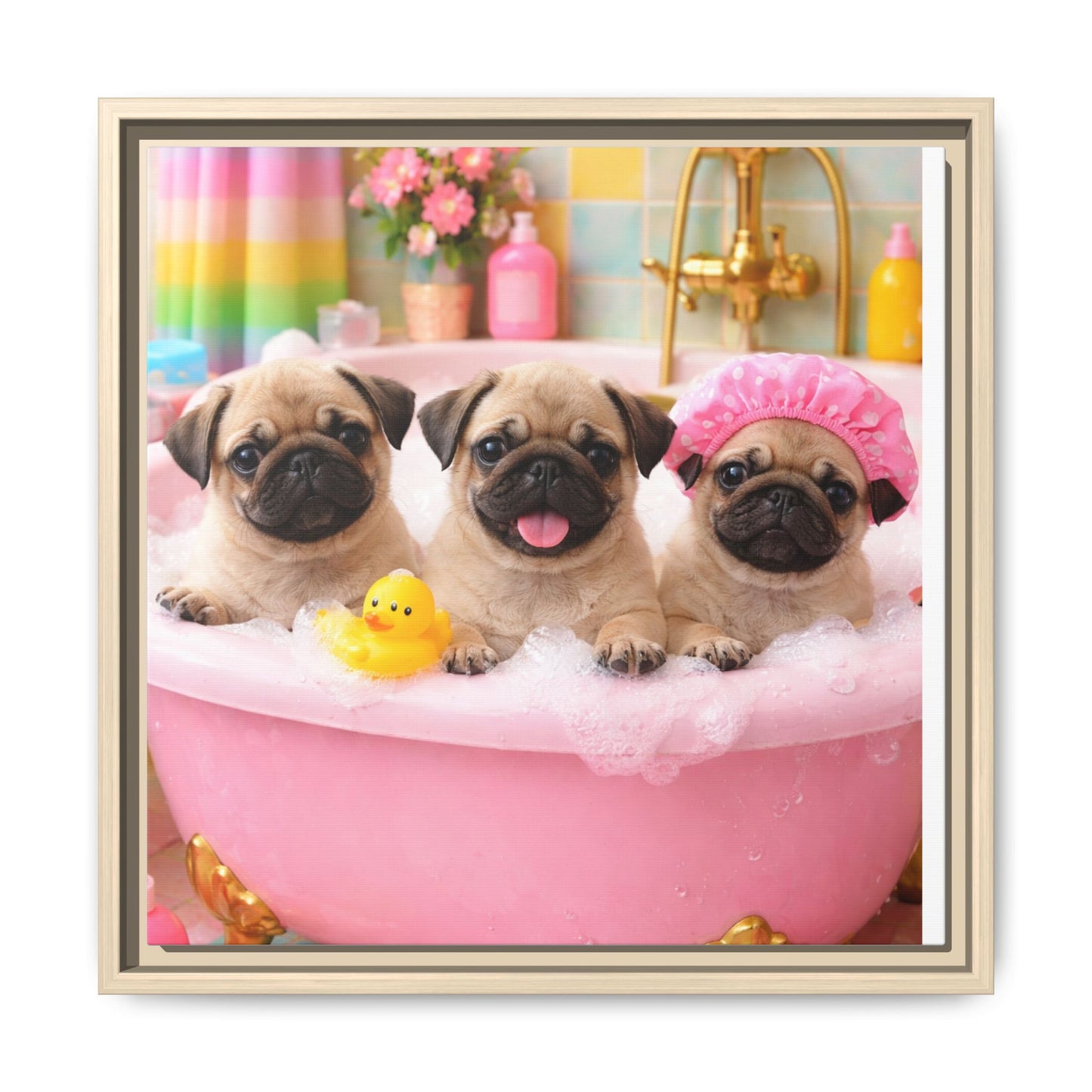 Pug Puppies Bubble Bath Matte Canvas Framed Wall Art