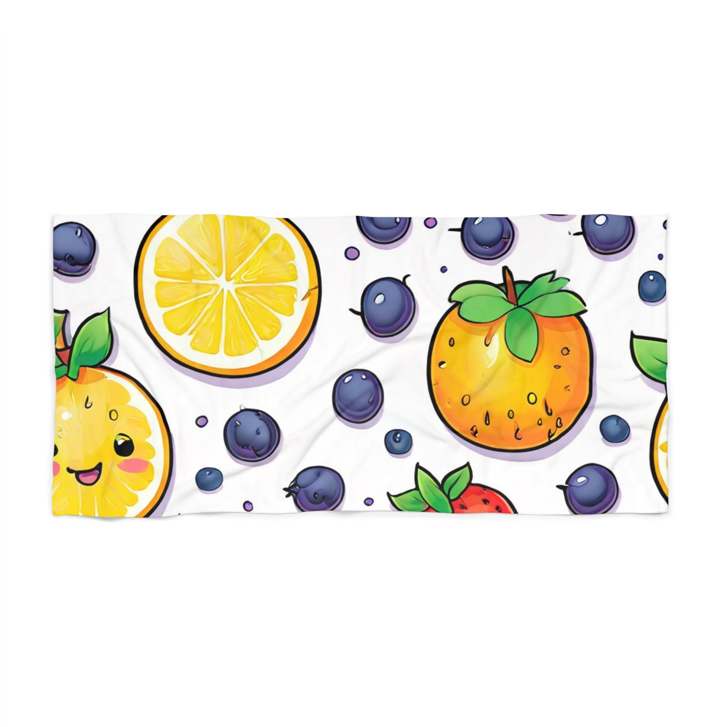 Kawaii Citrus & Berries Beach Towel — Cute Lemon, Orange & Blueberry Pattern