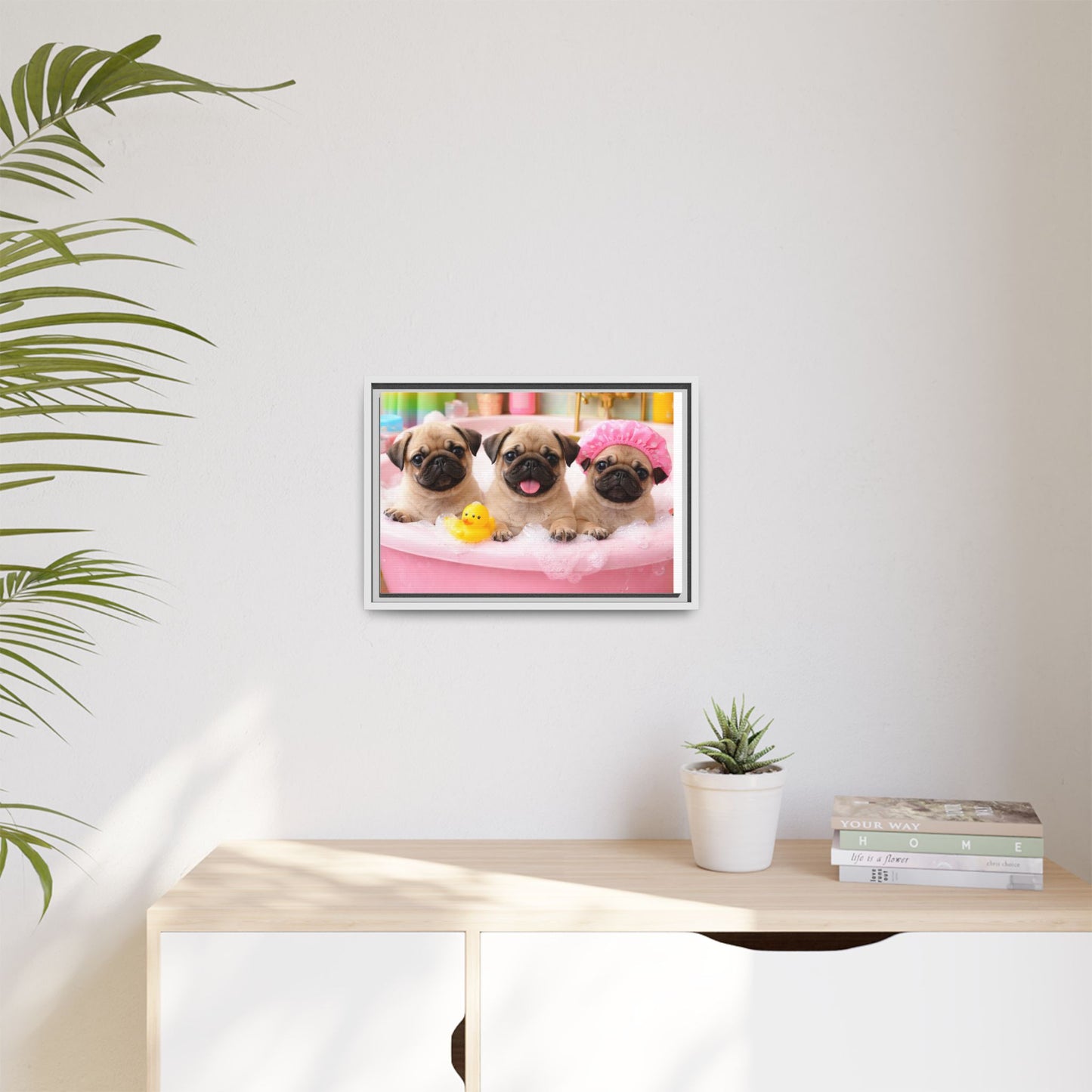 Pug Puppies Bubble Bath Matte Canvas Framed Wall Art