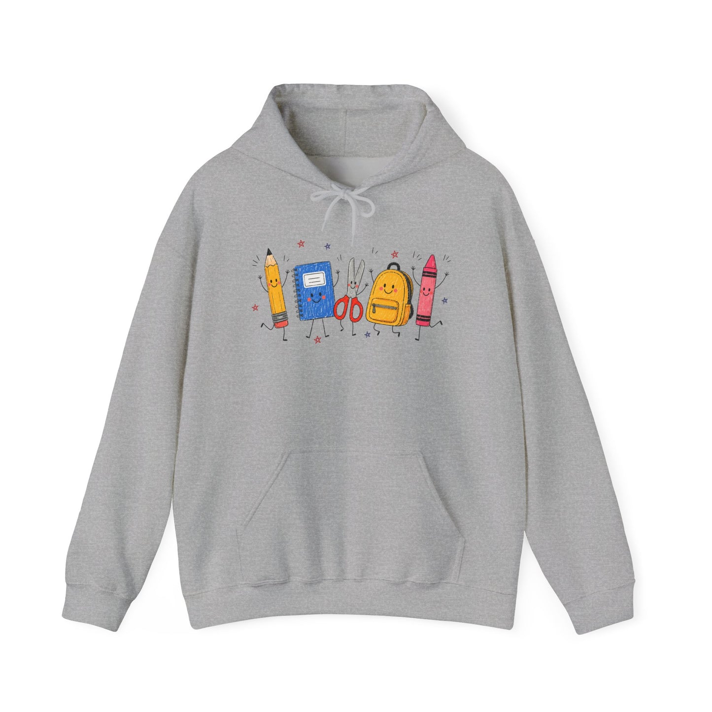 Back-to-School Hoodie – Cute School Supplies Graphic (Pencil, Notebook, Backpack)